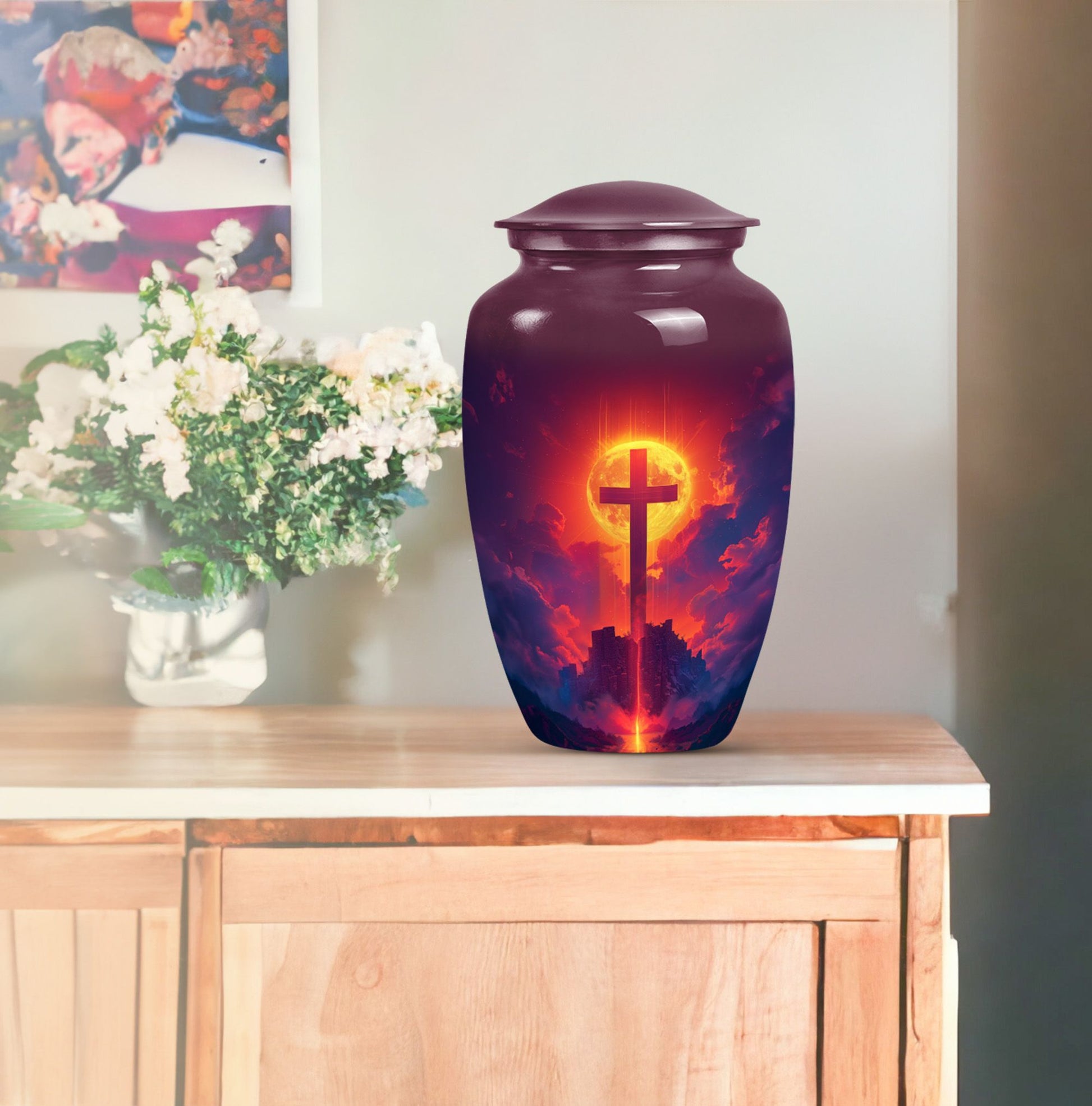 10-inch Classic Cross Urn, Aurora Borealis themed urn.