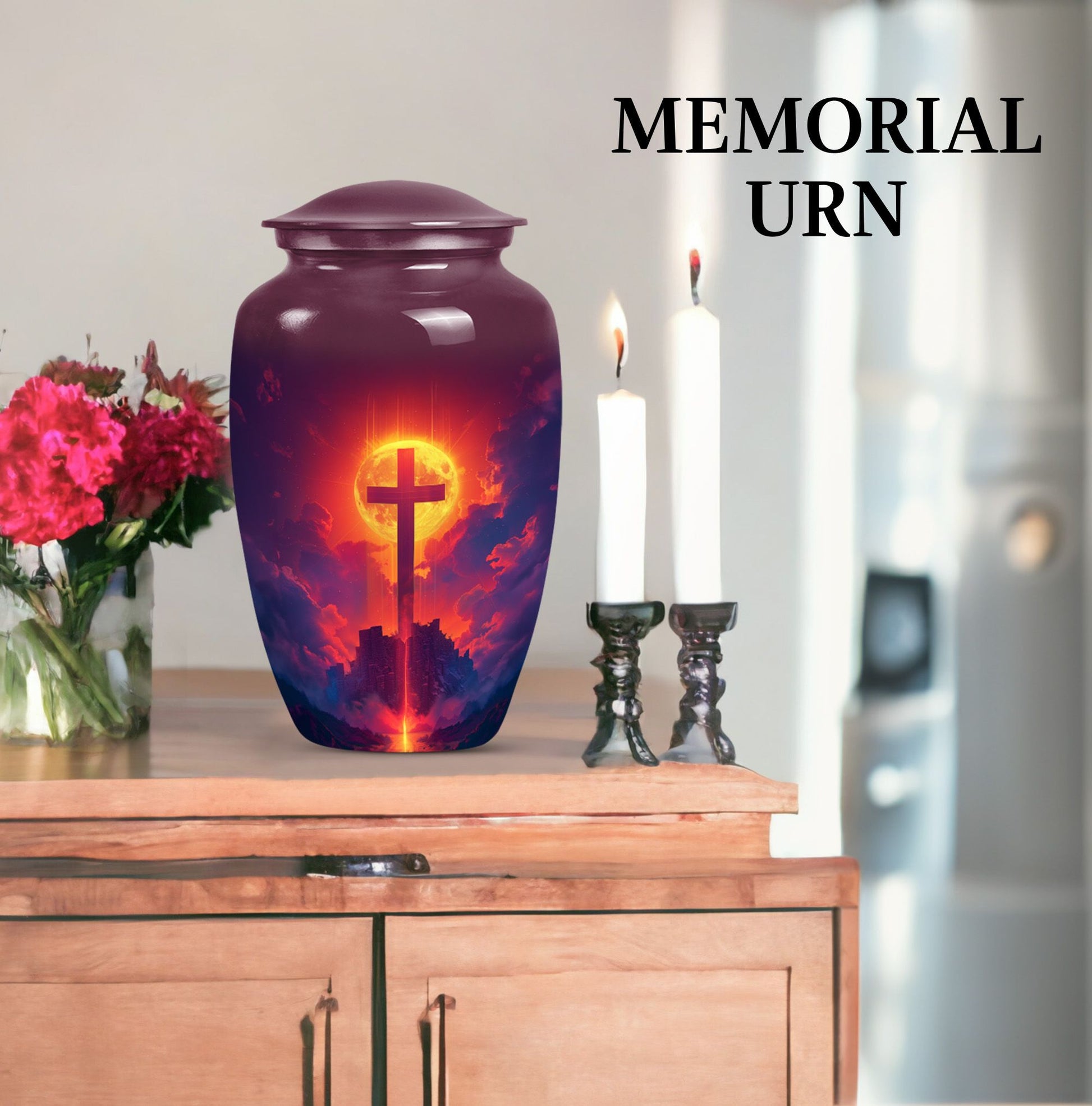 10-inch Classic Cross Urn, Aurora Borealis themed urn.