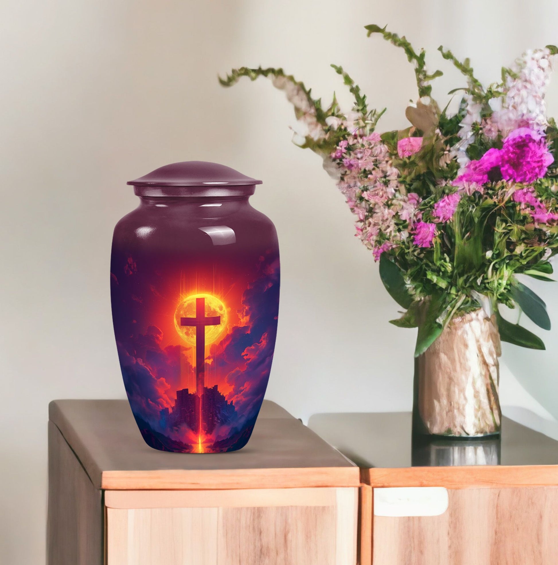 10-inch Classic Cross Urn, Aurora Borealis themed urn.