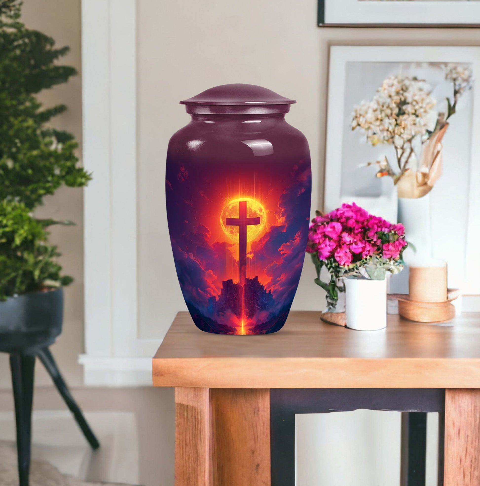 10-inch Classic Cross Urn, Aurora Borealis themed urn.