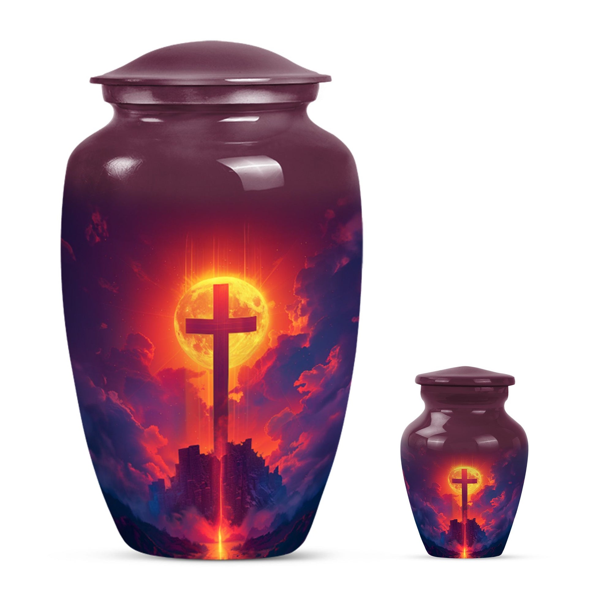 10-inch Classic Cross Urn, Aurora Borealis themed urn.