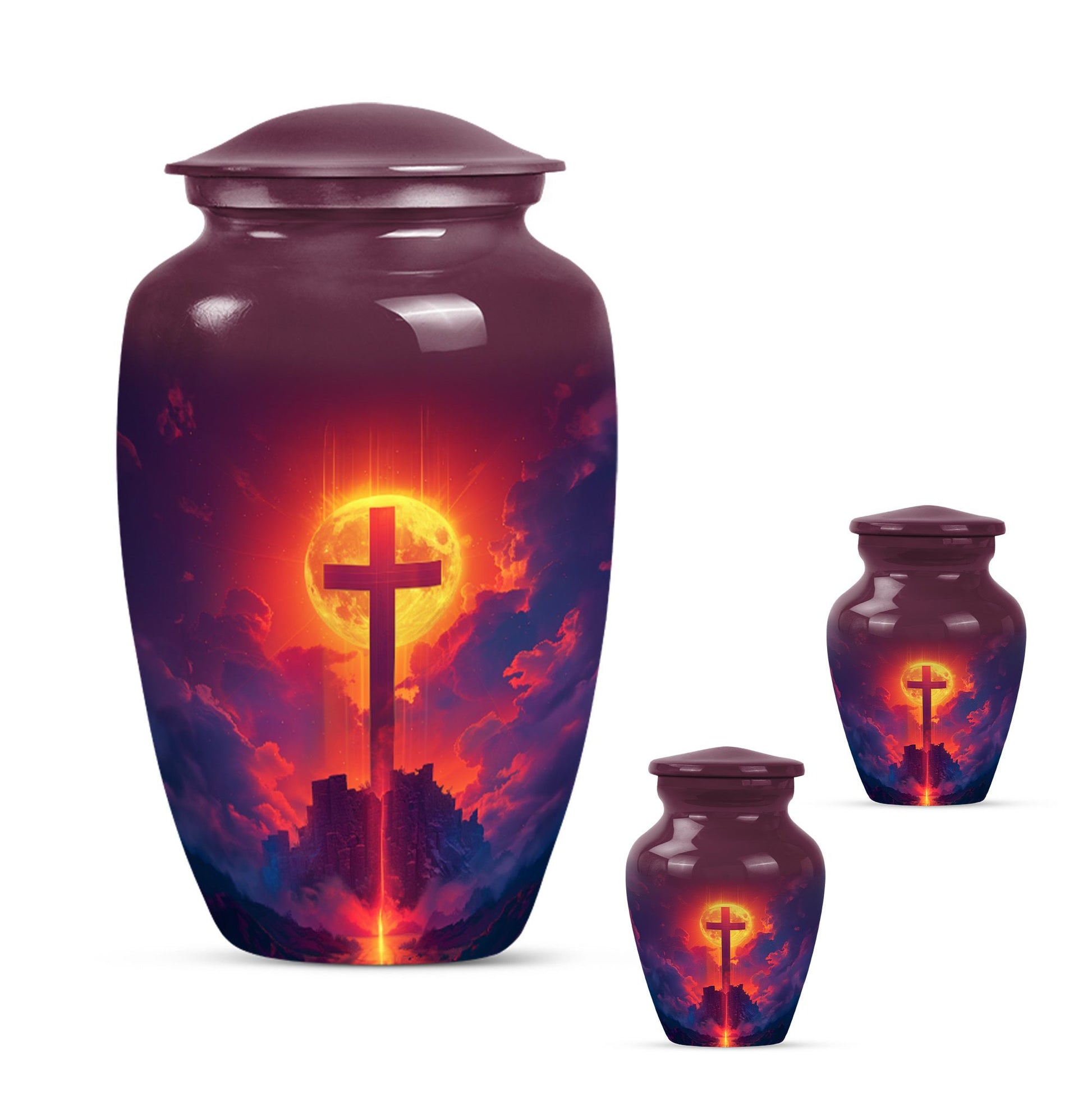 10-inch Classic Cross Urn, Aurora Borealis themed urn.