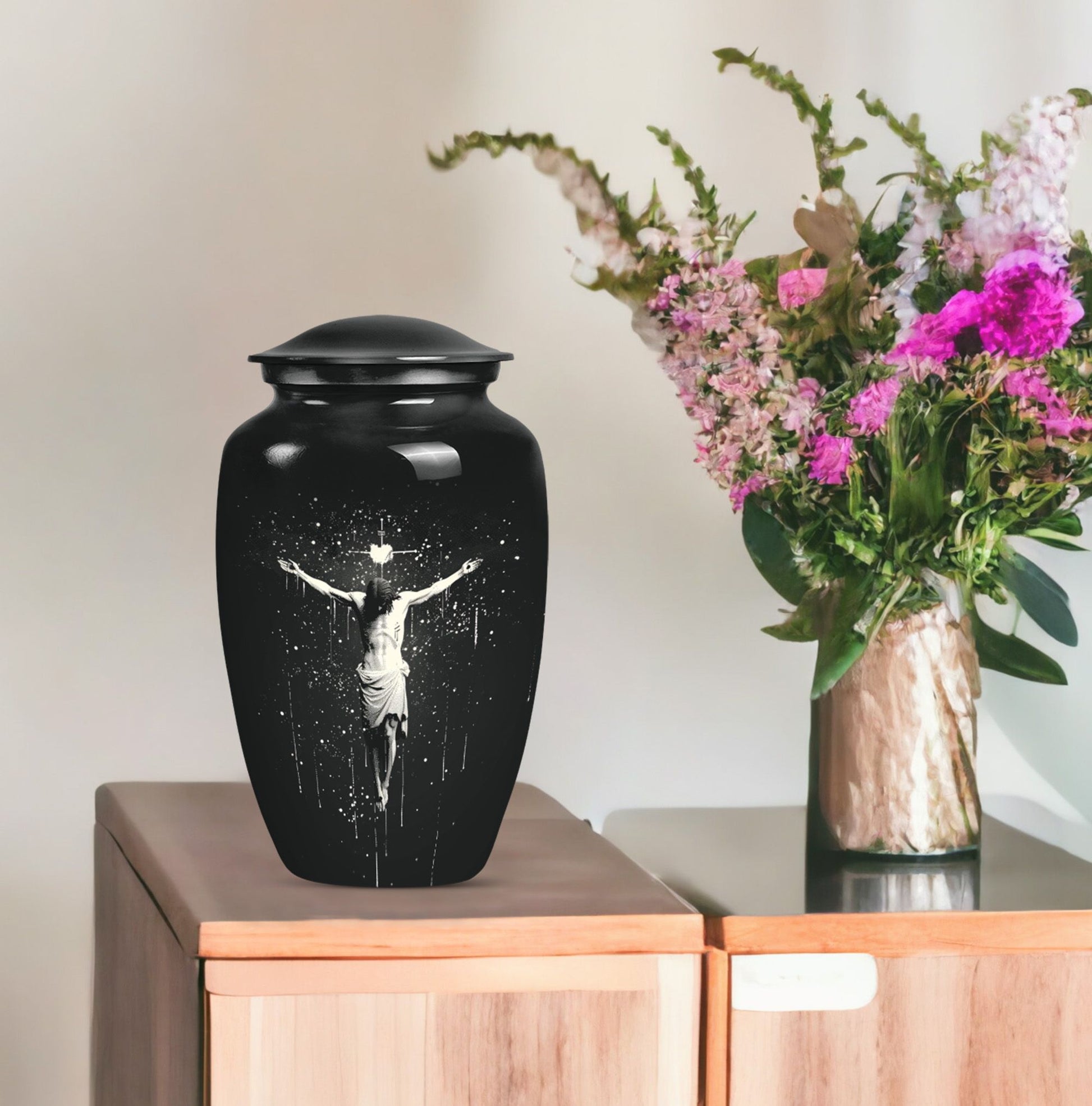 Classic 10-inch aluminum gramophone-themed cross urn.