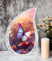 Large blue Butterfliesurn cremation urn crafted for preserving female ashes, ideal as women's urn or urn for mom ashes