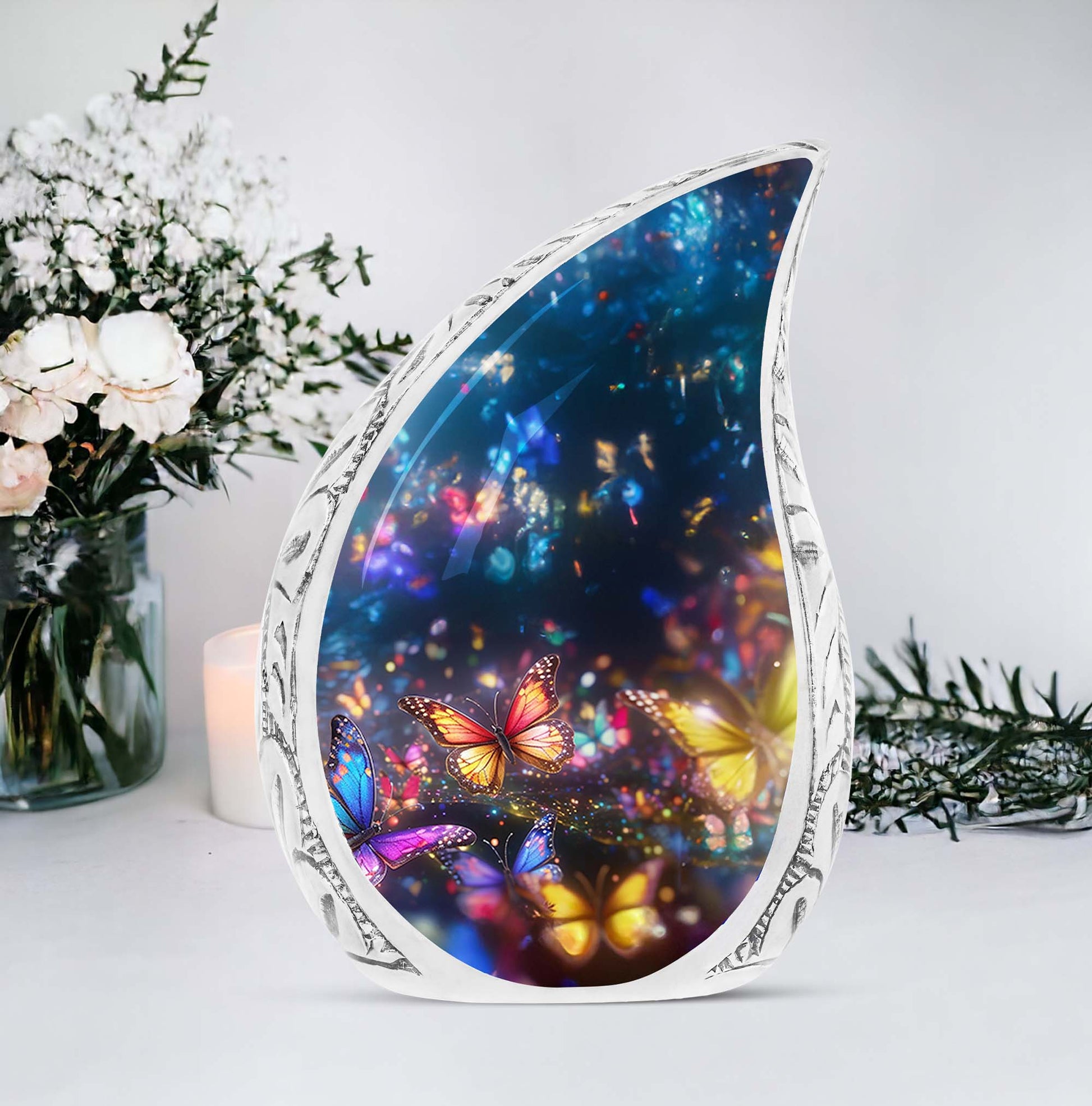 Large urn adorned with colorful butterflies in a magical forest, ideal for adult female ashes burial or cremation