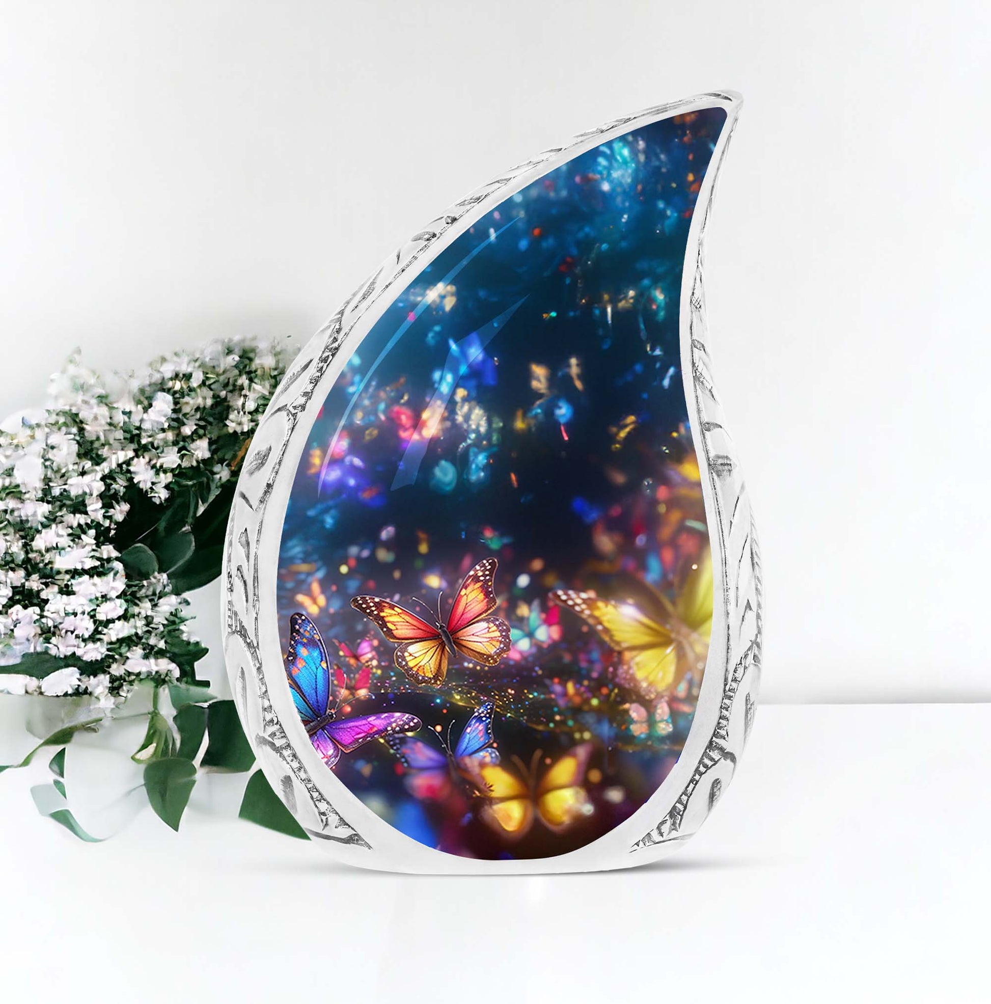 Large urn adorned with colorful butterflies in a magical forest, ideal for adult female ashes burial or cremation