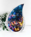 Large urn adorned with colorful butterflies in a magical forest, ideal for adult female ashes burial or cremation