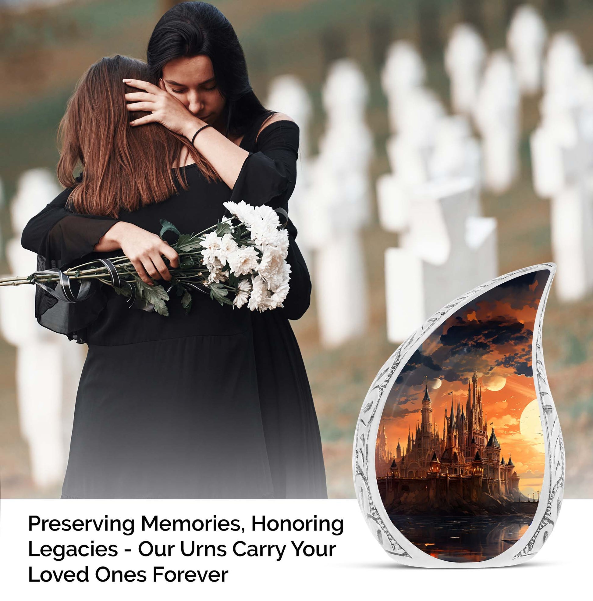 Elegant evening castle design cremation burial urn for adult ashes, appropriate memorial for men