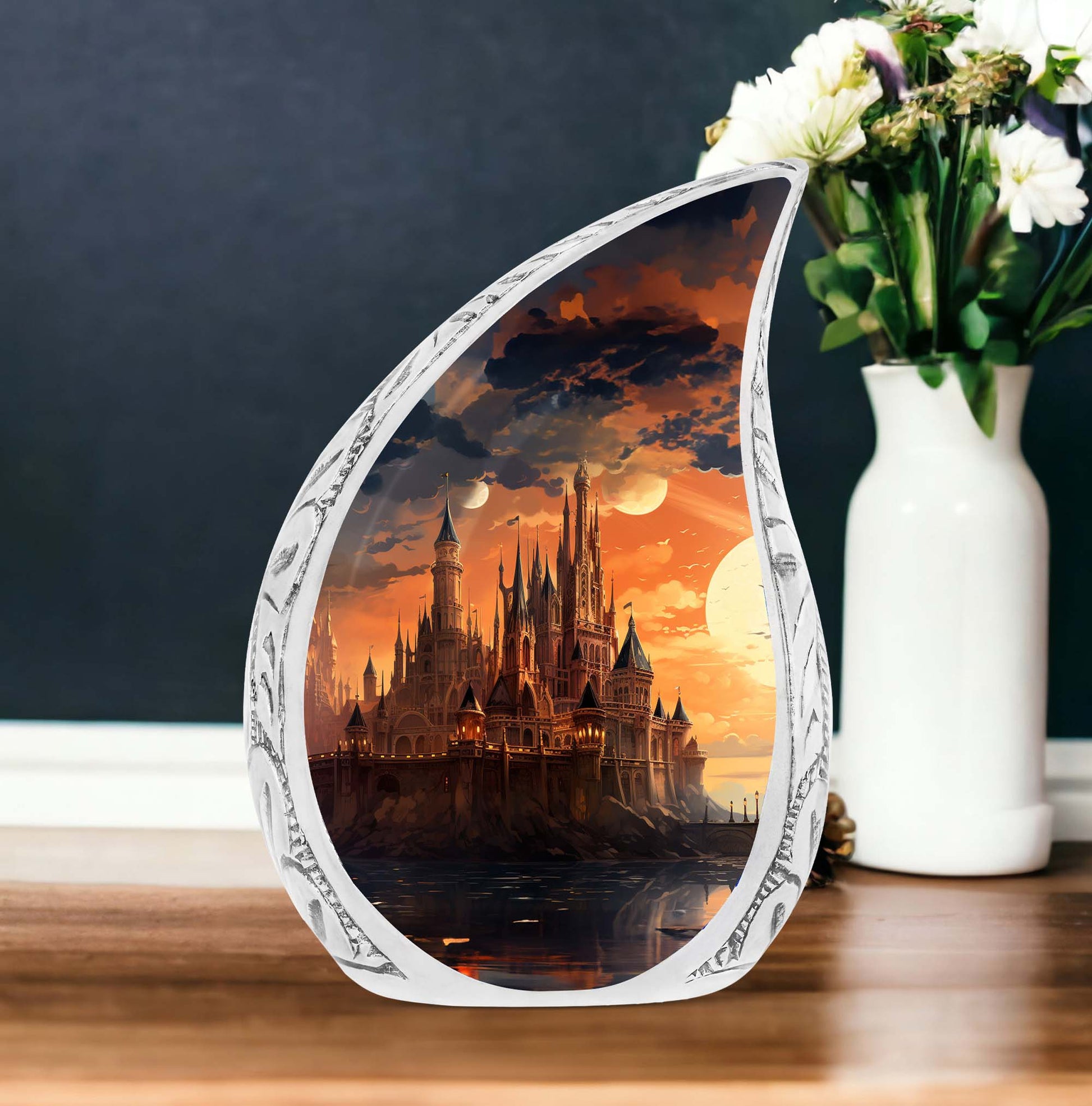 Elegant evening castle design cremation burial urn for adult ashes, appropriate memorial for men