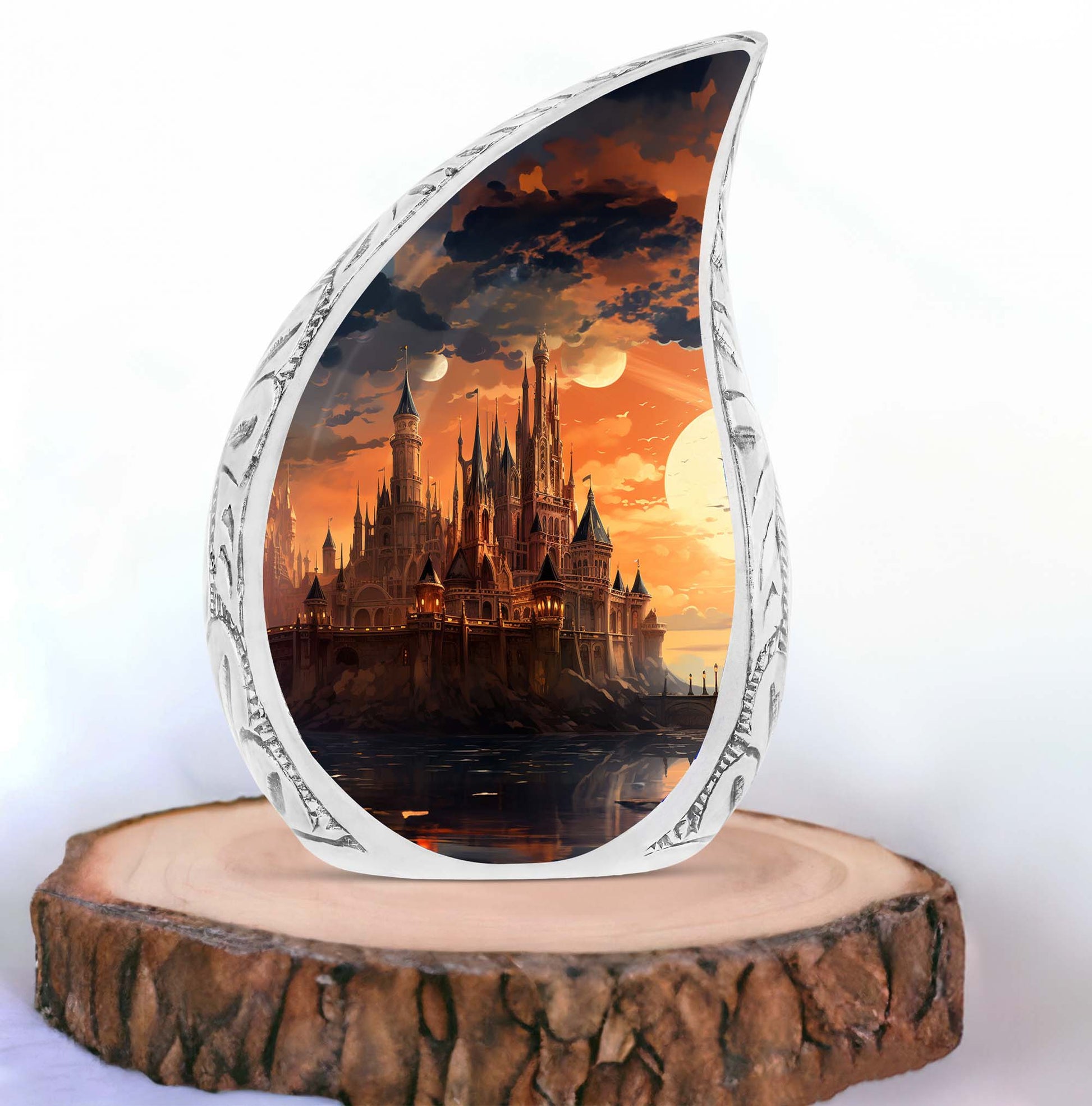 Elegant evening castle design cremation burial urn for adult ashes, appropriate memorial for men