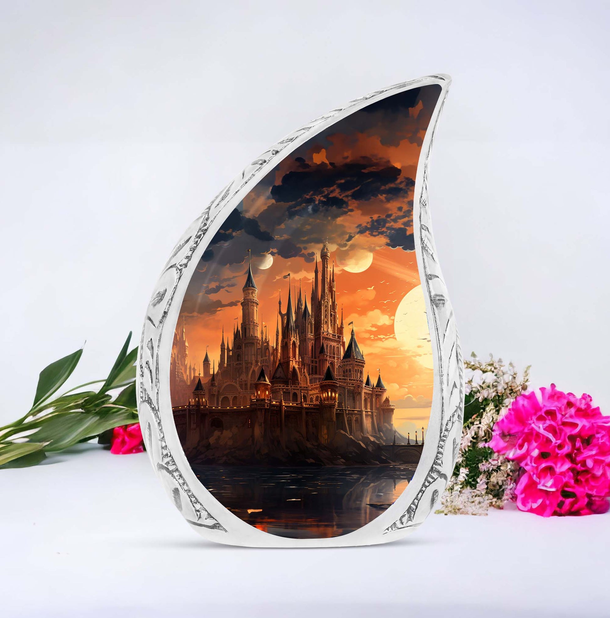 Elegant evening castle design cremation burial urn for adult ashes, appropriate memorial for men