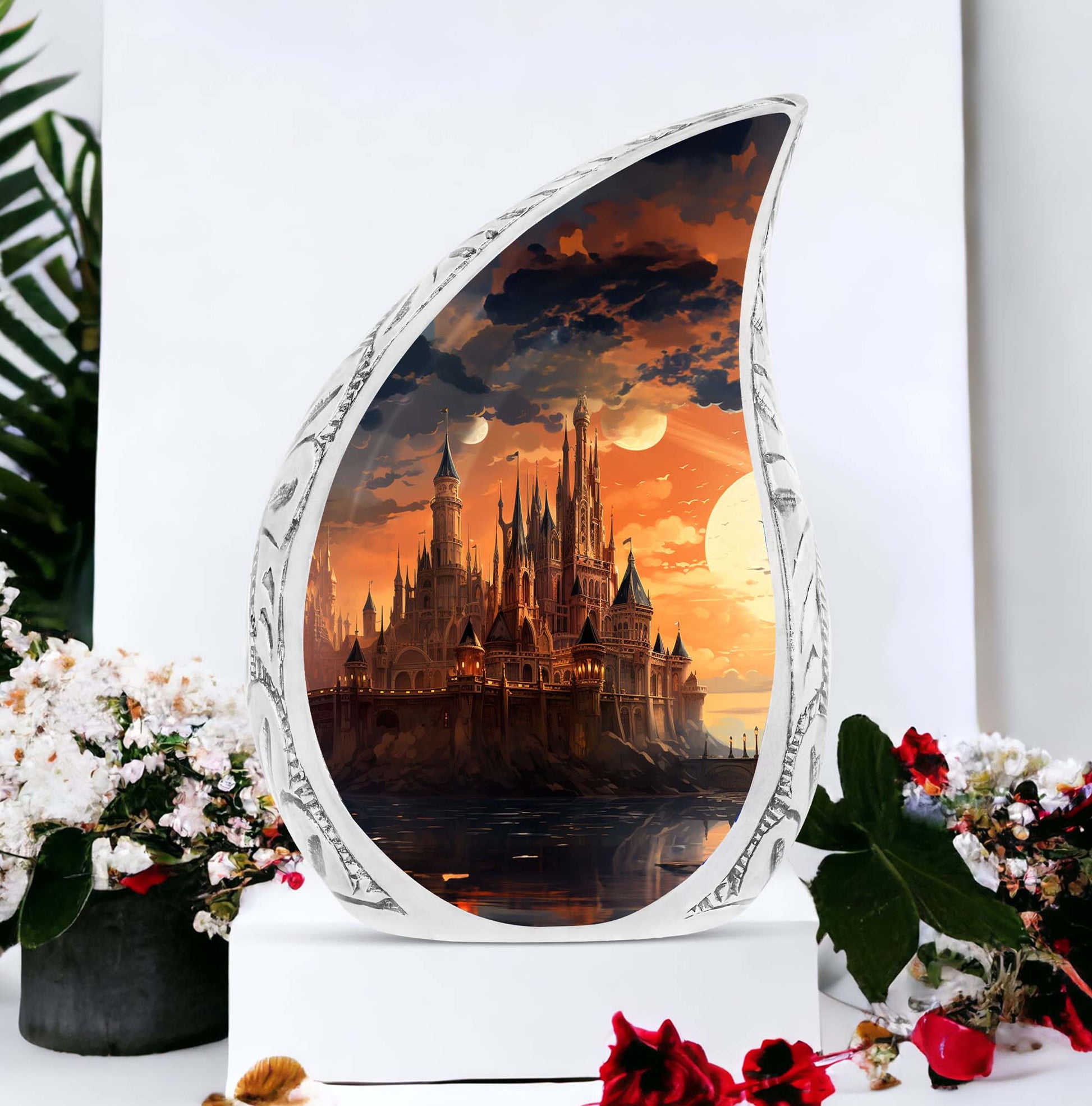 Elegant evening castle design cremation burial urn for adult ashes, appropriate memorial for men