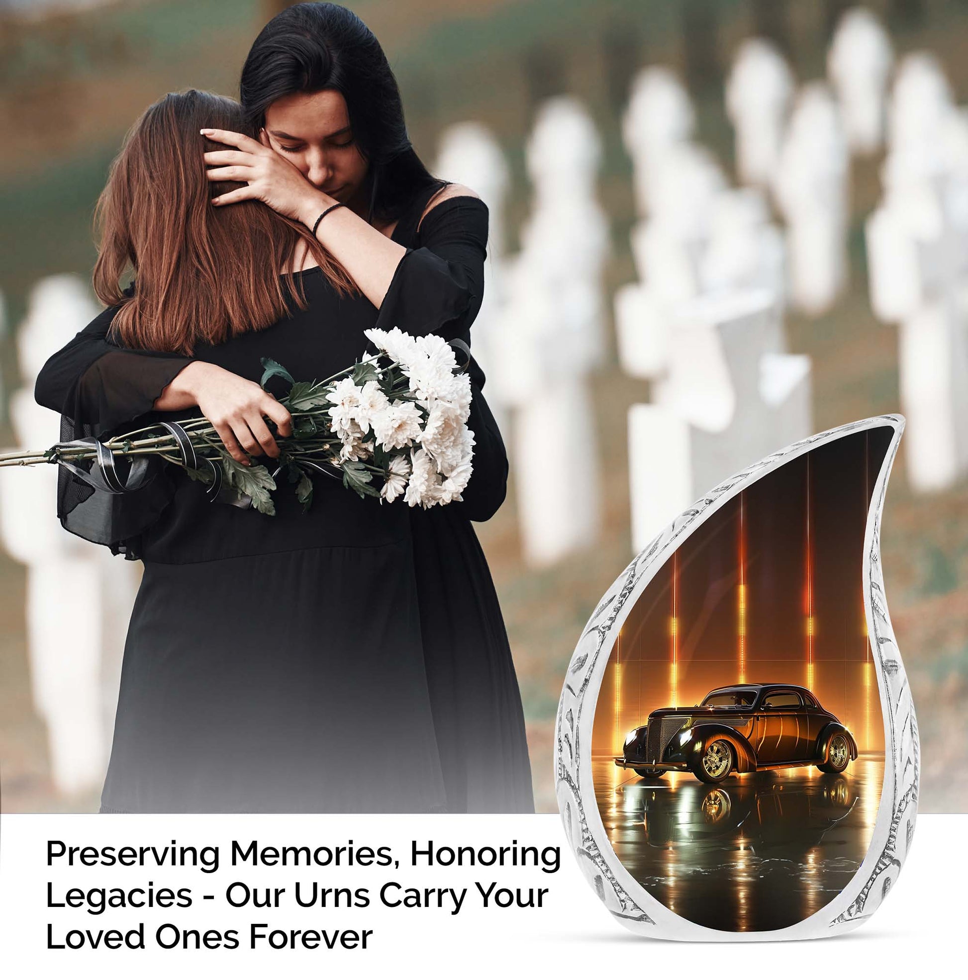 Classic car shaped urn for ashes for women, symbolizing an adult cremation urn and a miniature memorial urn