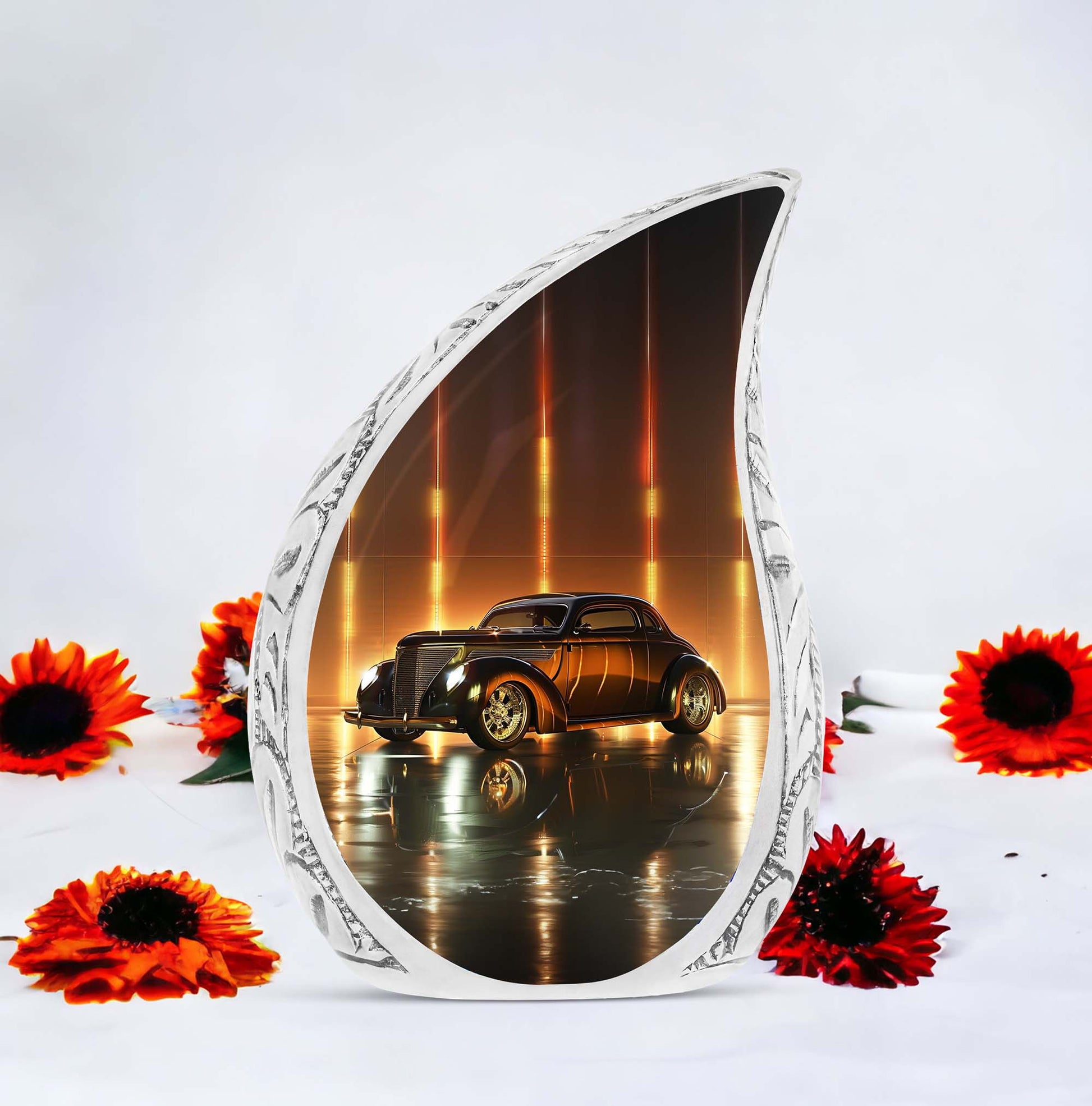 Classic car shaped urn for ashes for women, symbolizing an adult cremation urn and a miniature memorial urn