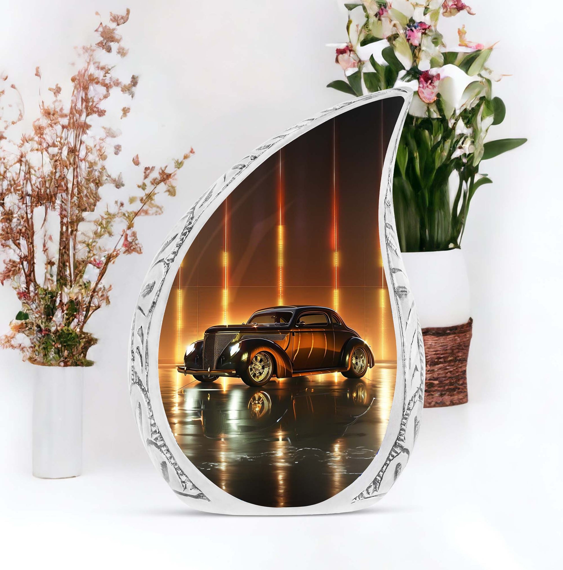 Classic car shaped urn for ashes for women, symbolizing an adult cremation urn and a miniature memorial urn