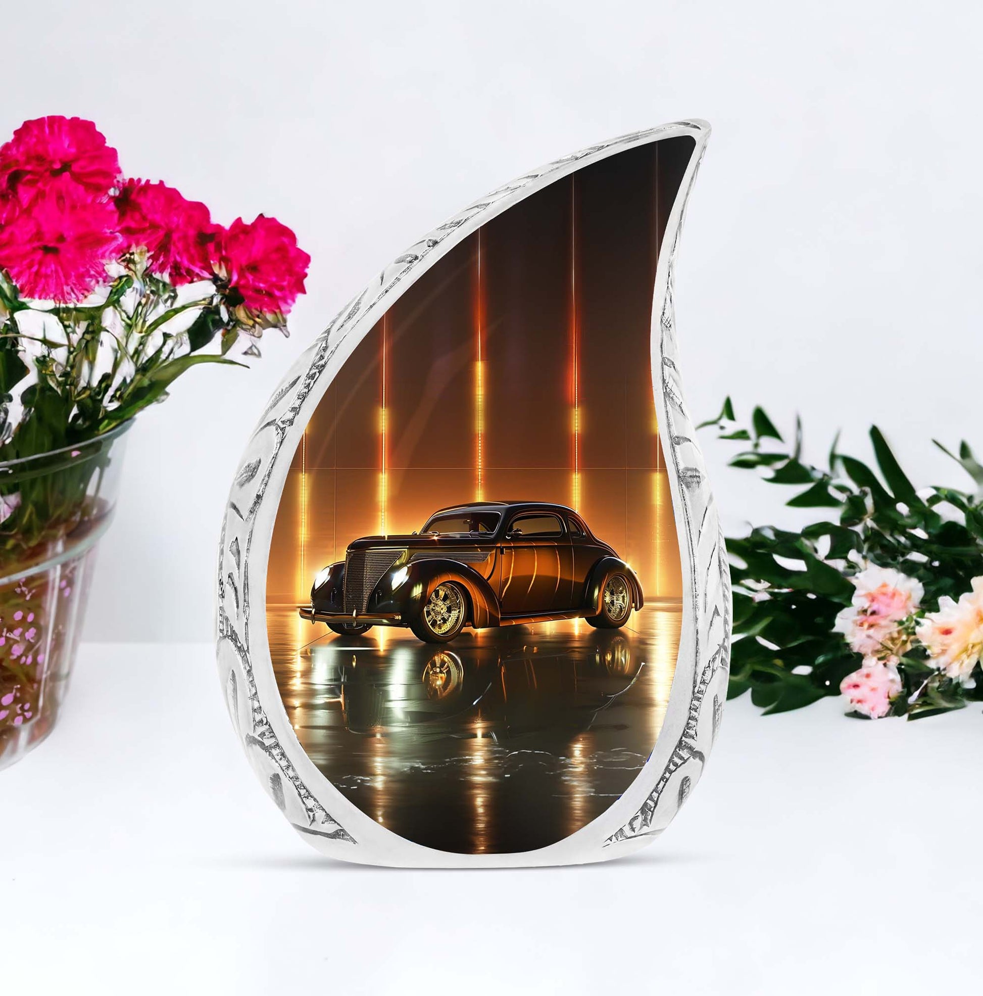 Classic car shaped urn for ashes for women, symbolizing an adult cremation urn and a miniature memorial urn