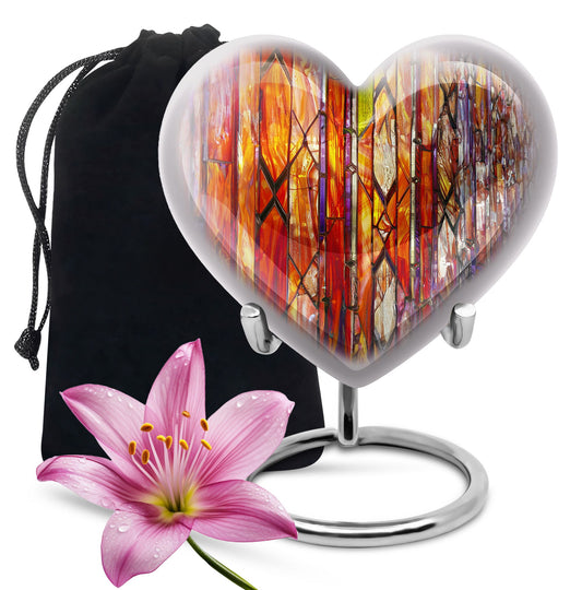 heart-shaped stained glass urn for adult male ashes.