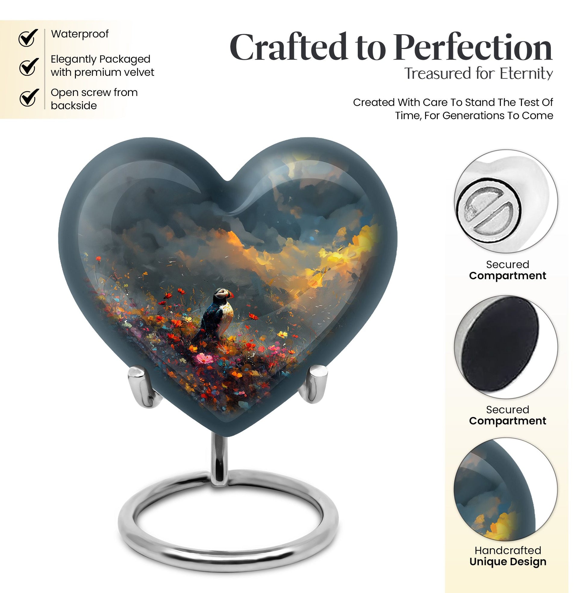 Puffin Bird themed heart cremation urn