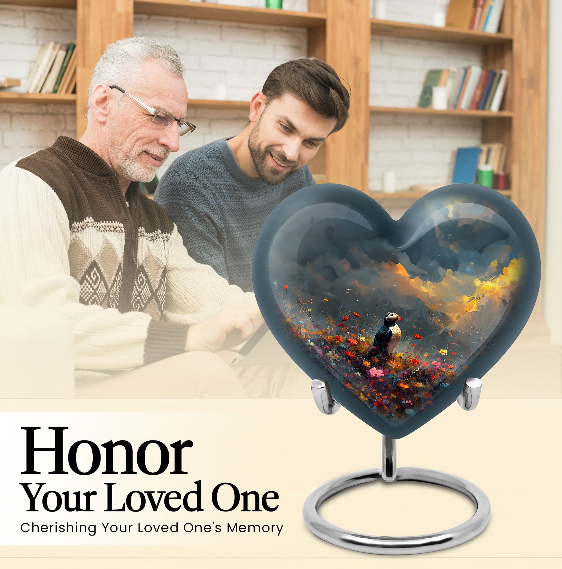 Puffin Bird themed heart cremation urn