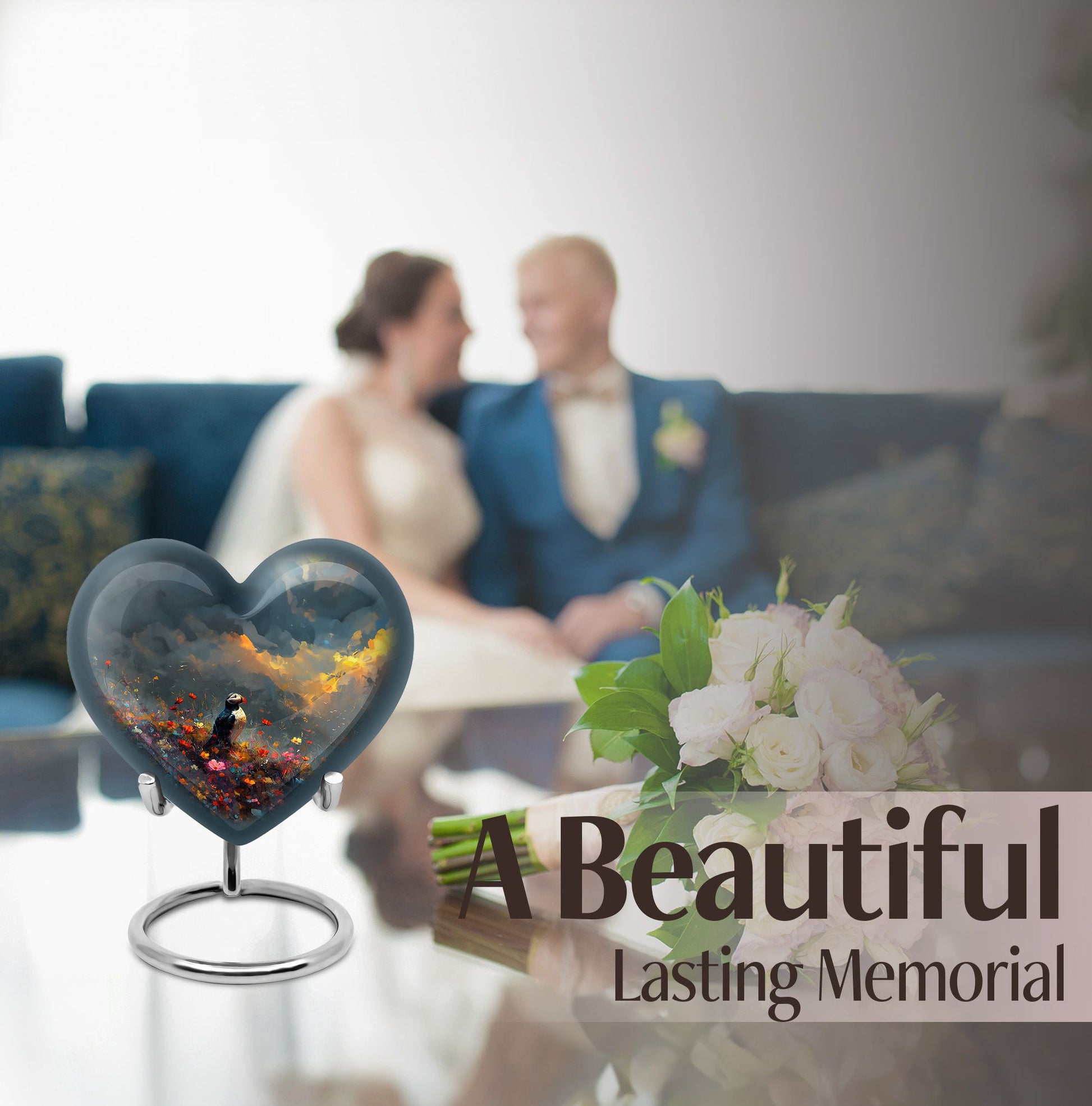 Puffin Bird themed heart cremation urn