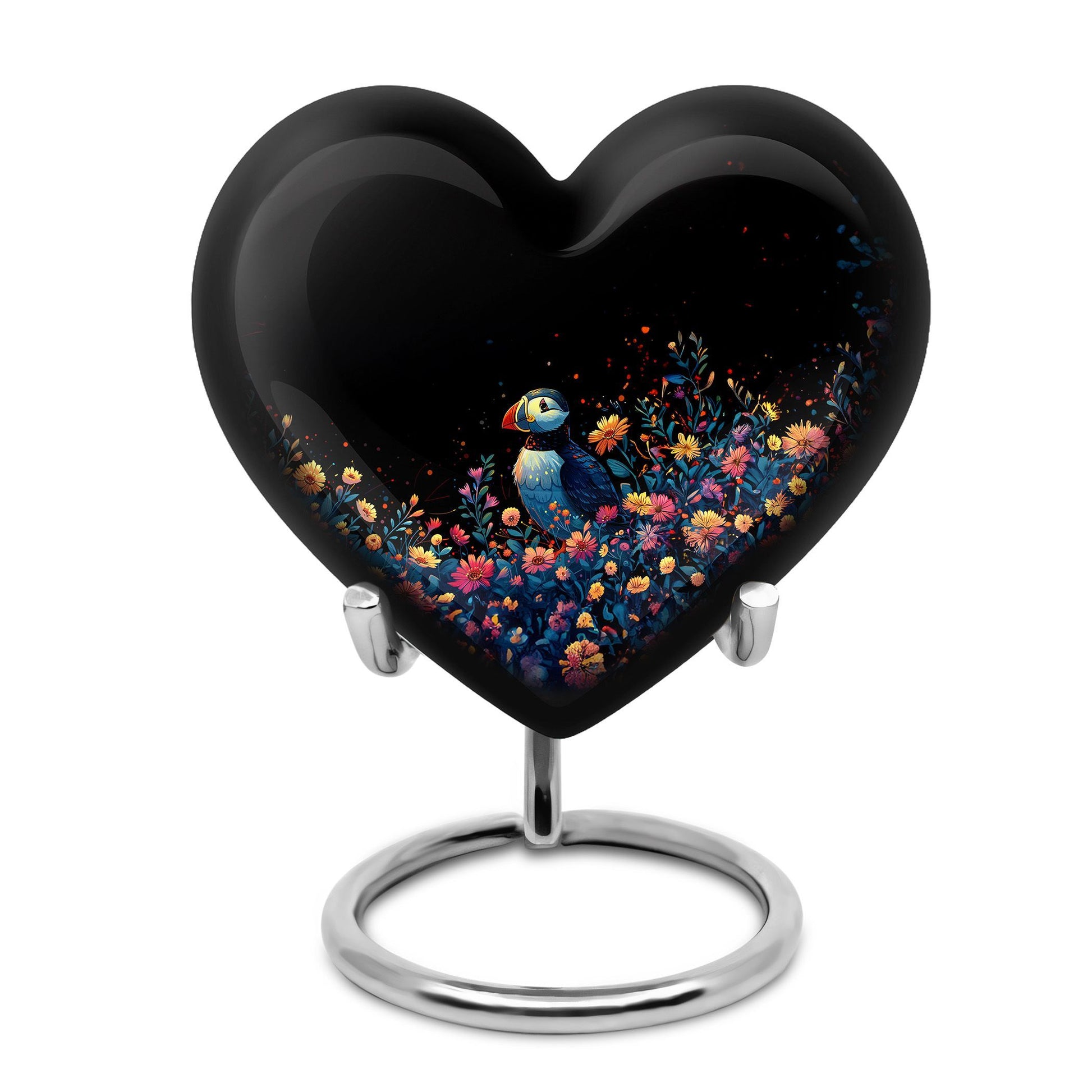 Puffin bird-themed heart urn for adult ashes