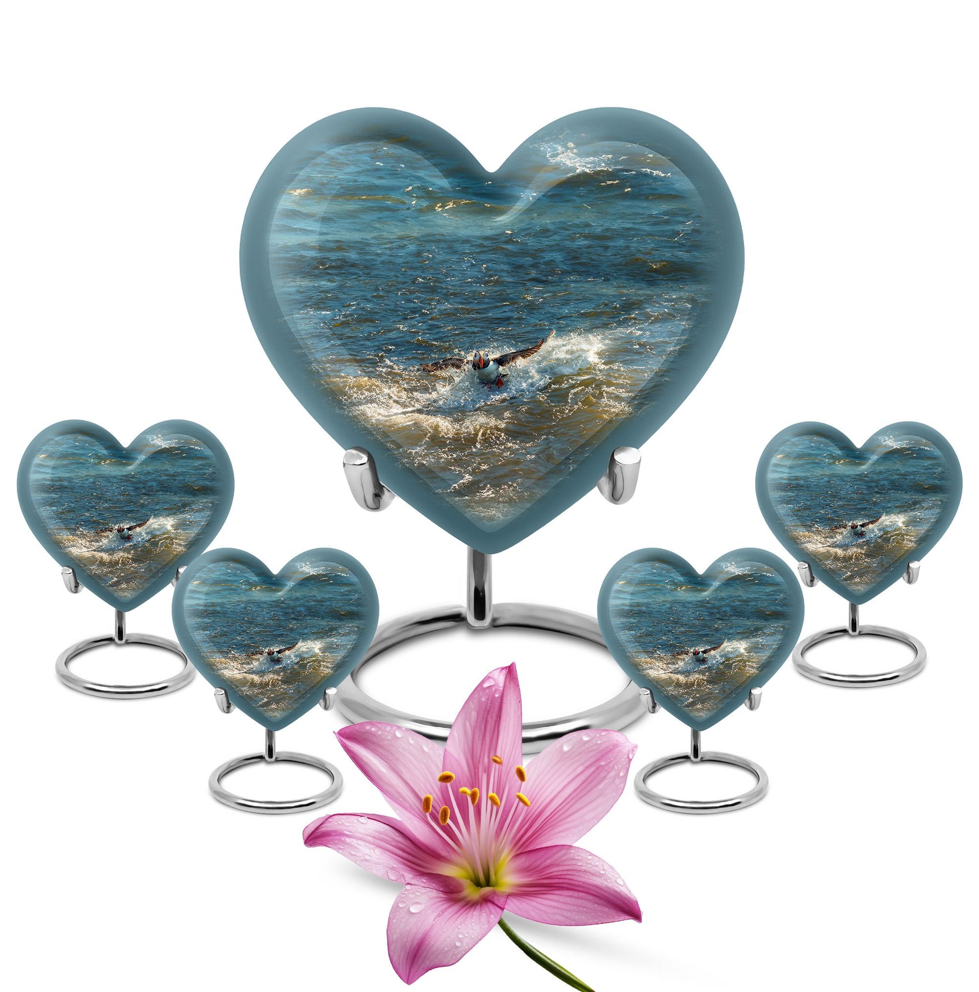 Puffin Bird Heart Urn for adult human ashes.