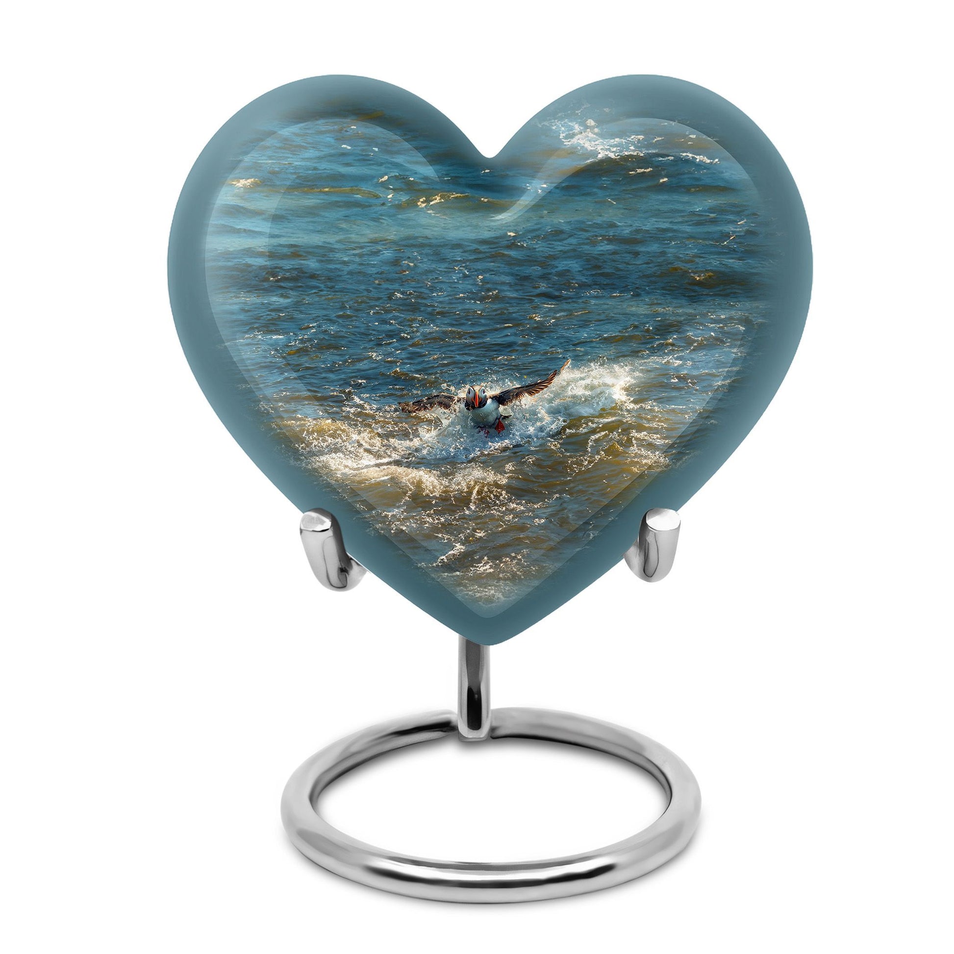 Puffin Bird Heart Urn for adult human ashes.