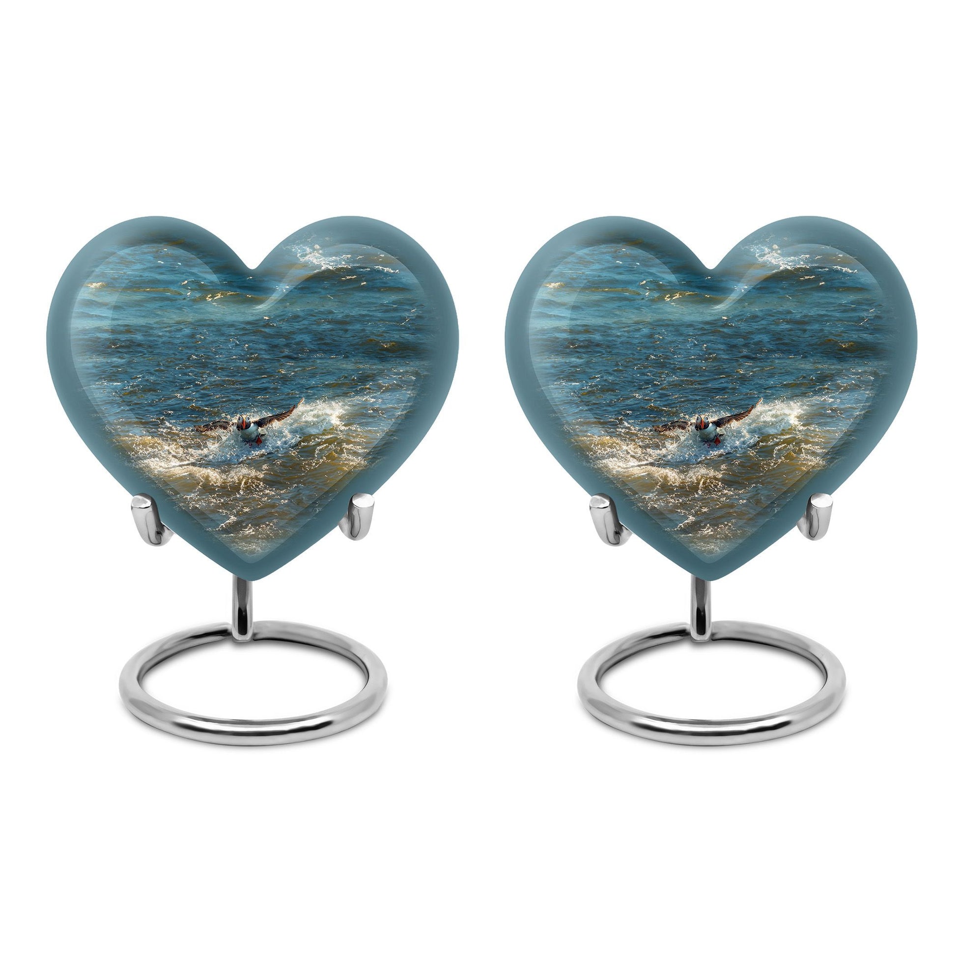 Puffin Bird Heart Urn for adult human ashes.