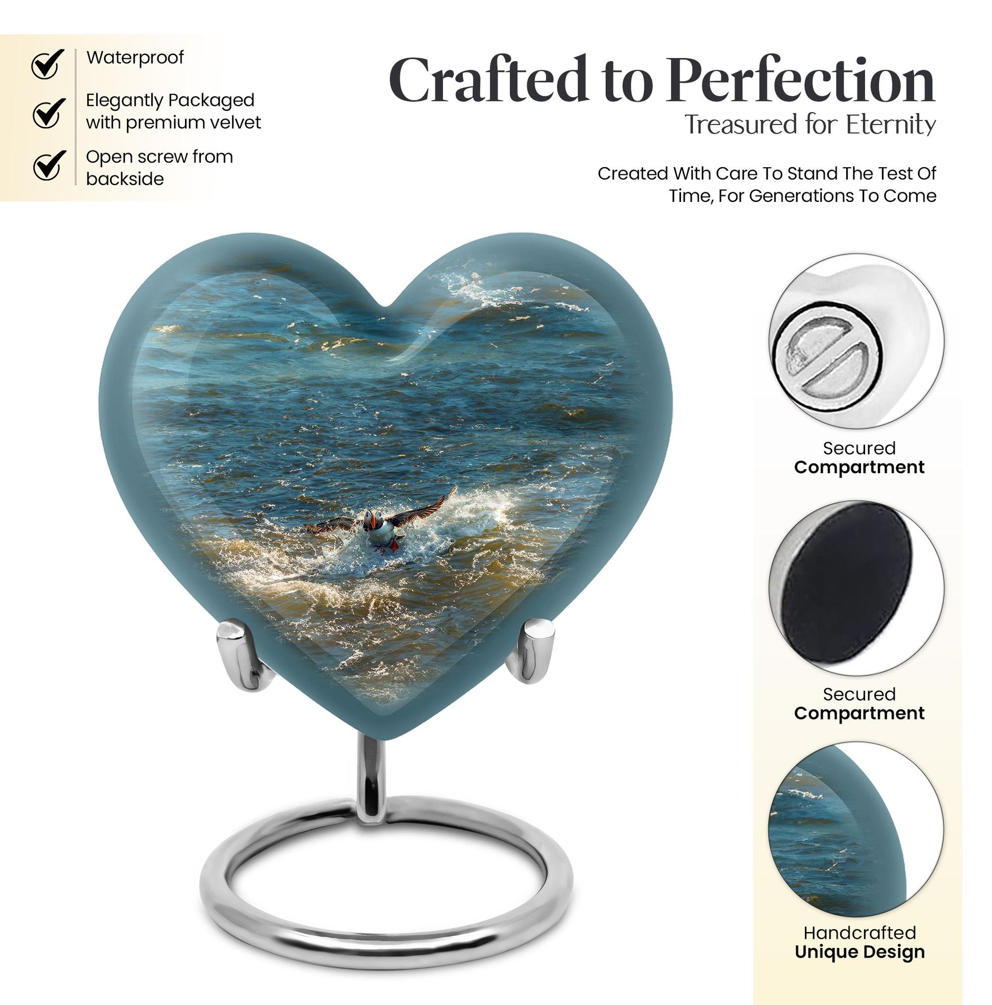 Puffin Bird Heart Urn for adult human ashes.