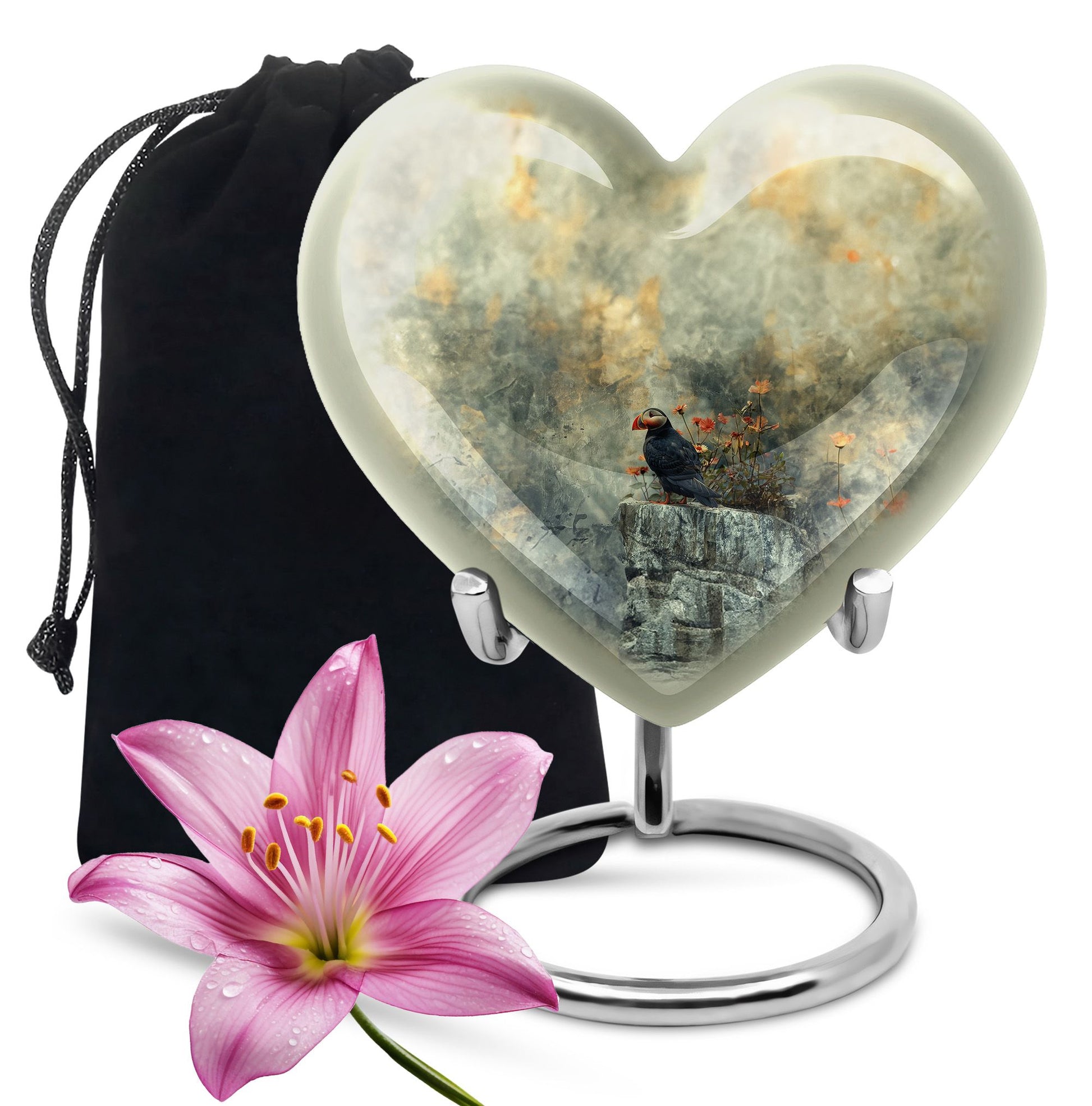 Puffin Bird Heart Design Cremation Urn for Human Ashes