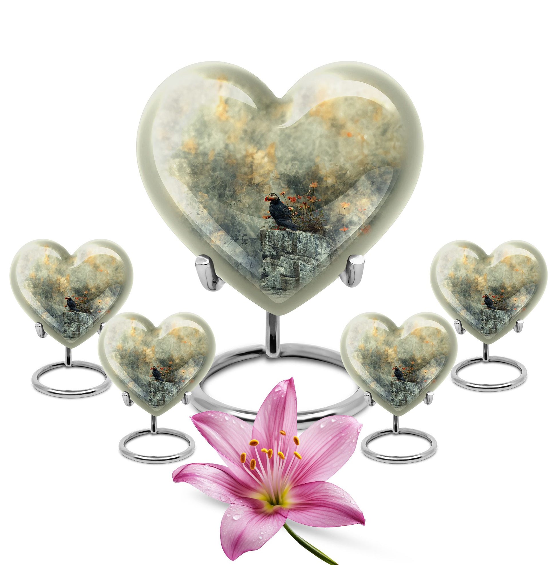 Puffin Bird Heart Design Cremation Urn for Human Ashes