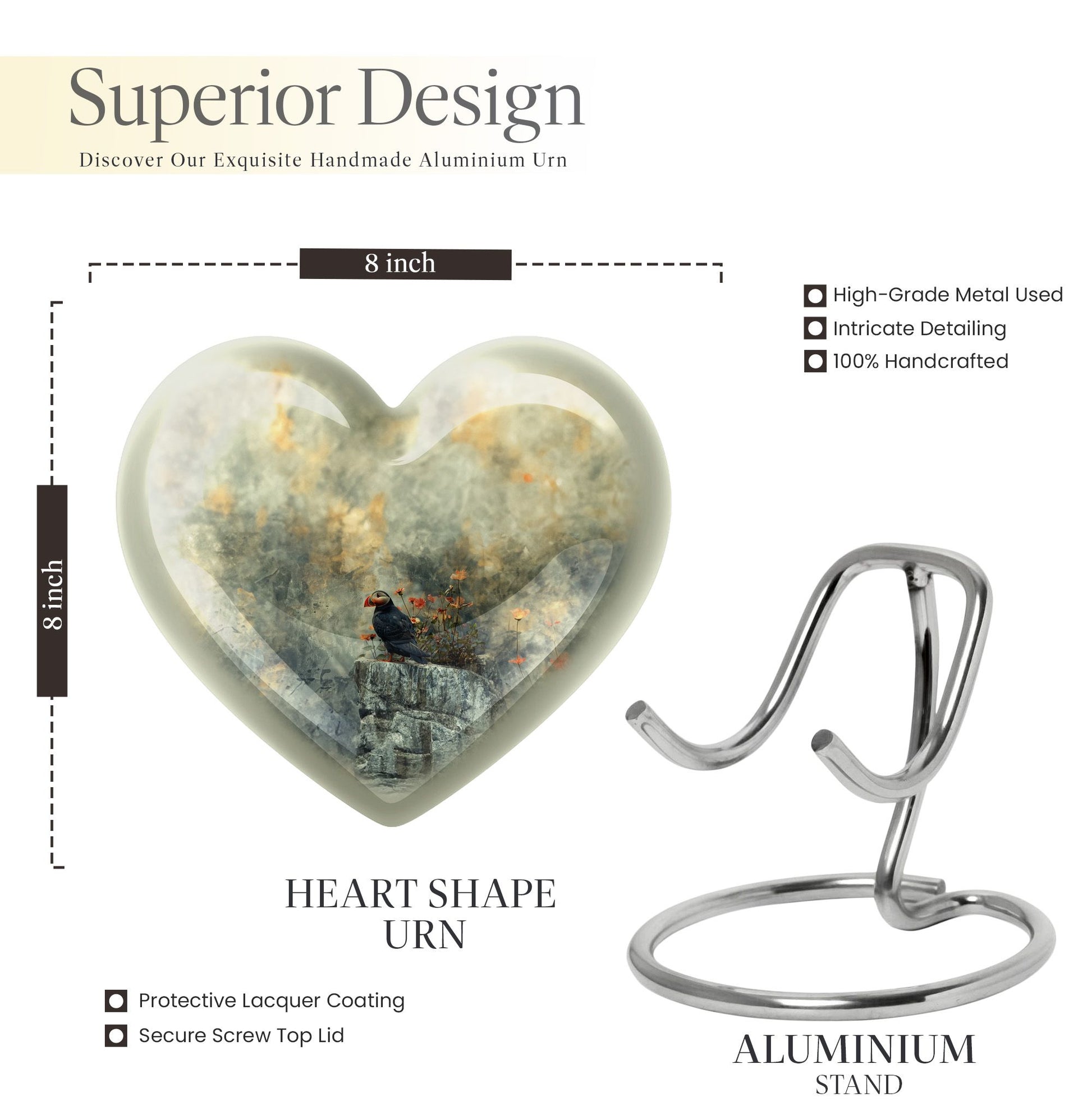 Puffin Bird Heart Design Cremation Urn for Human Ashes