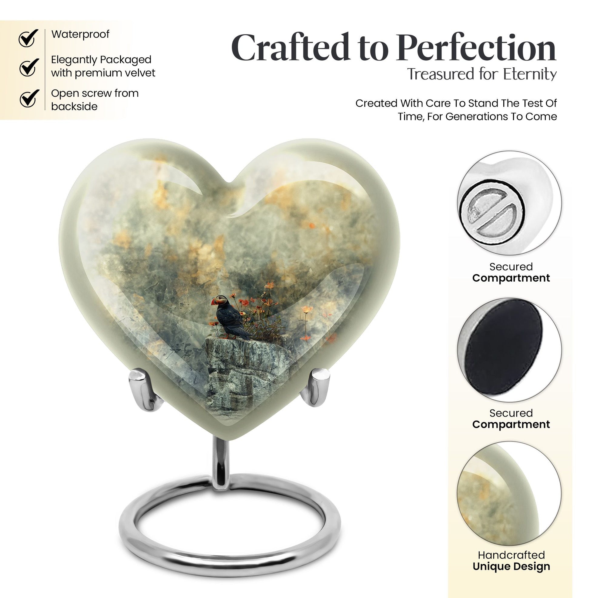 Puffin Bird Heart Design Cremation Urn for Human Ashes