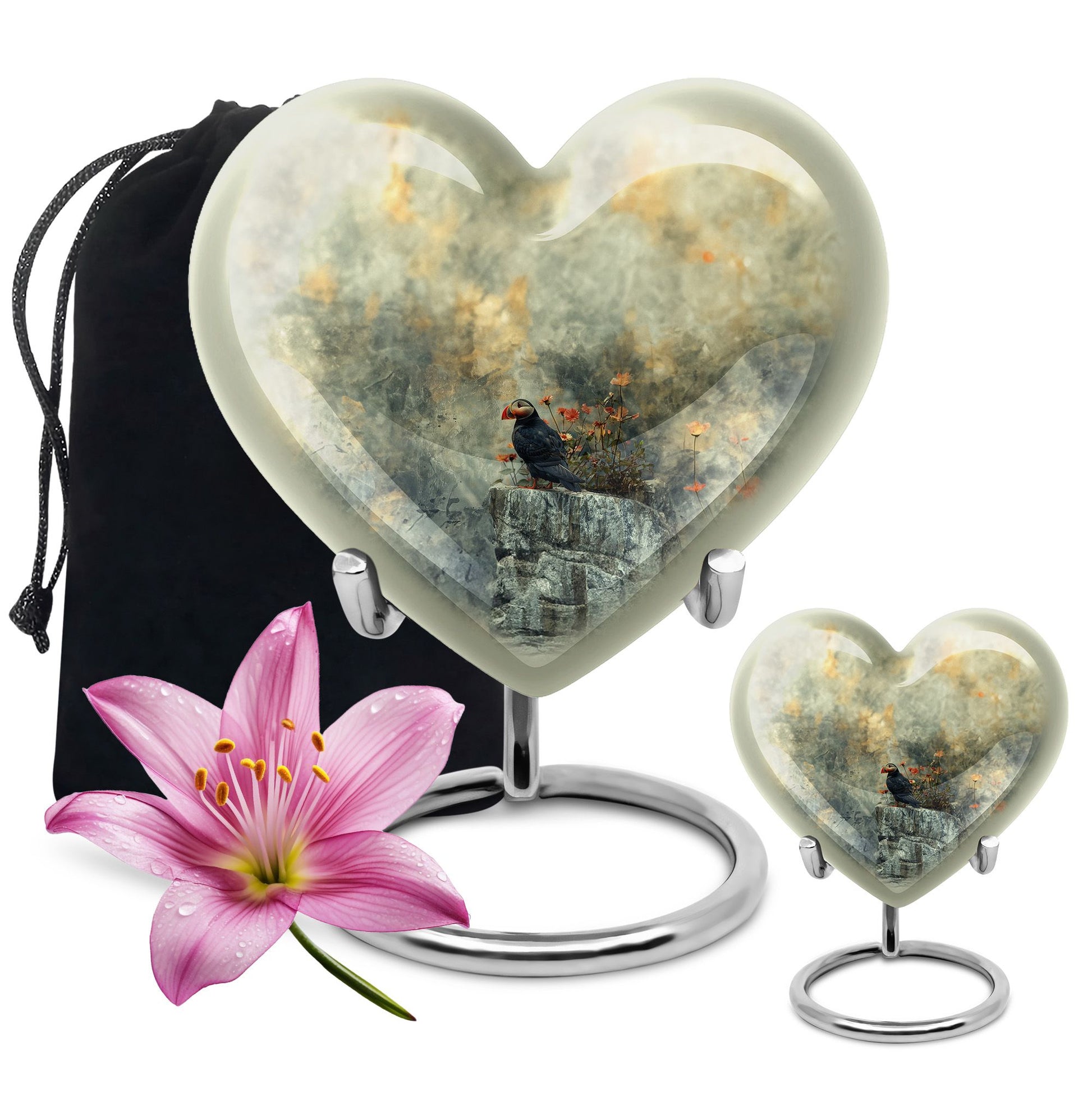 Puffin Bird Heart Design Cremation Urn for Human Ashes