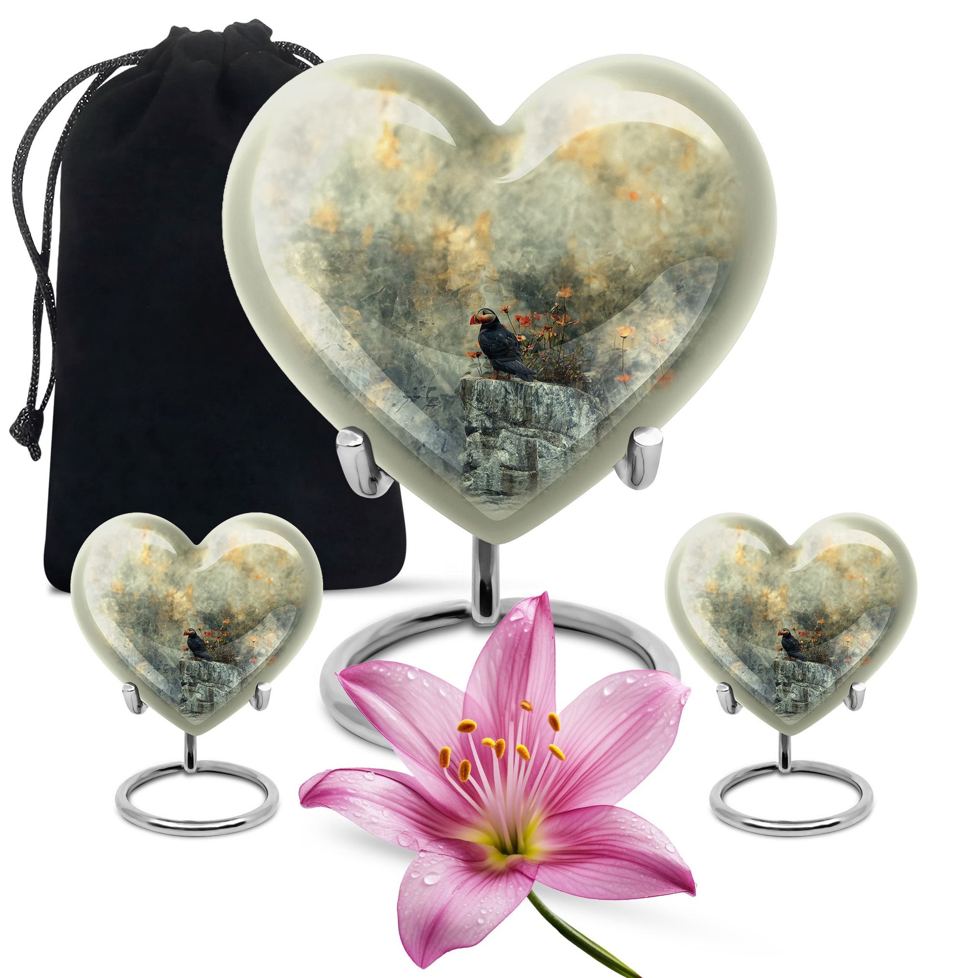 Puffin Bird Heart Design Cremation Urn for Human Ashes