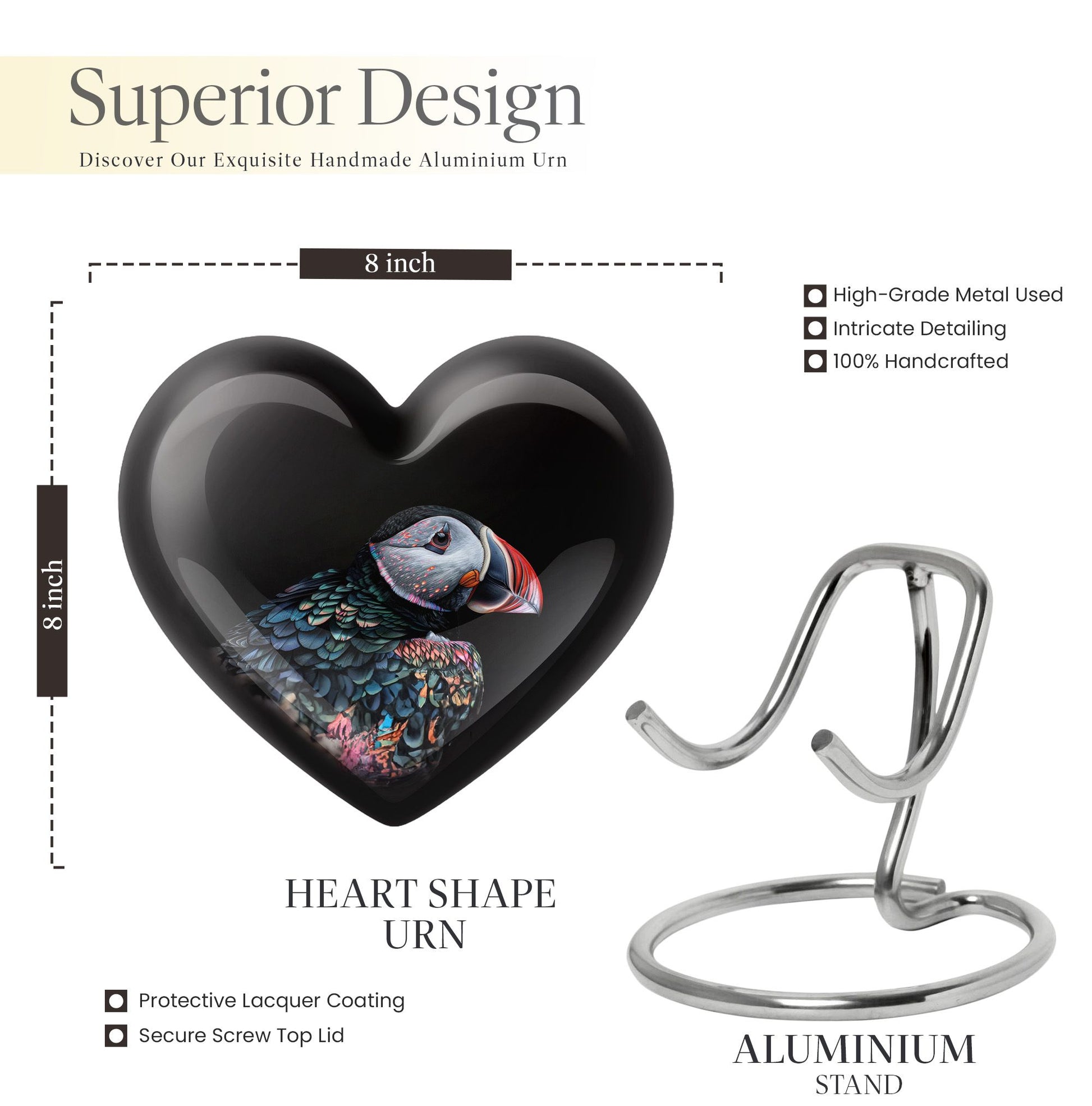 Heart Urn for mom with Puffin Bird design