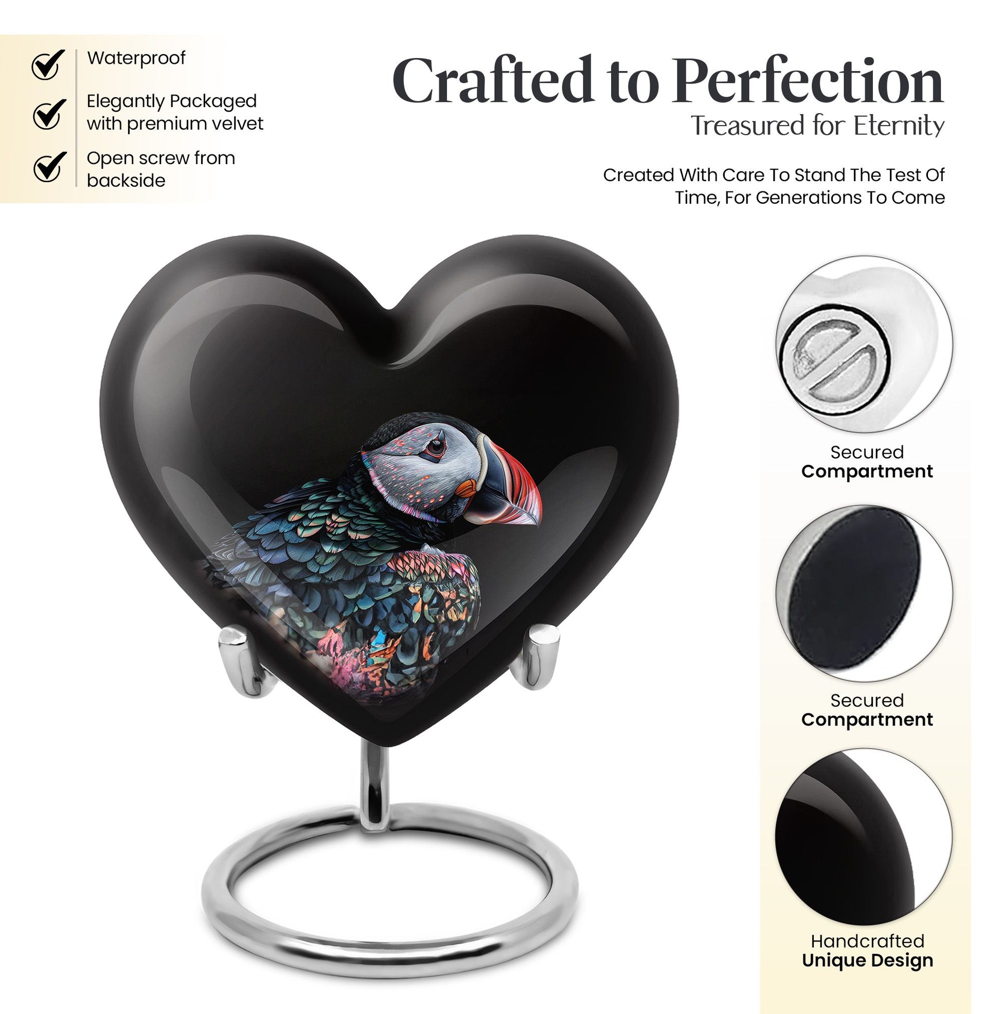 Heart Urn for mom with Puffin Bird design