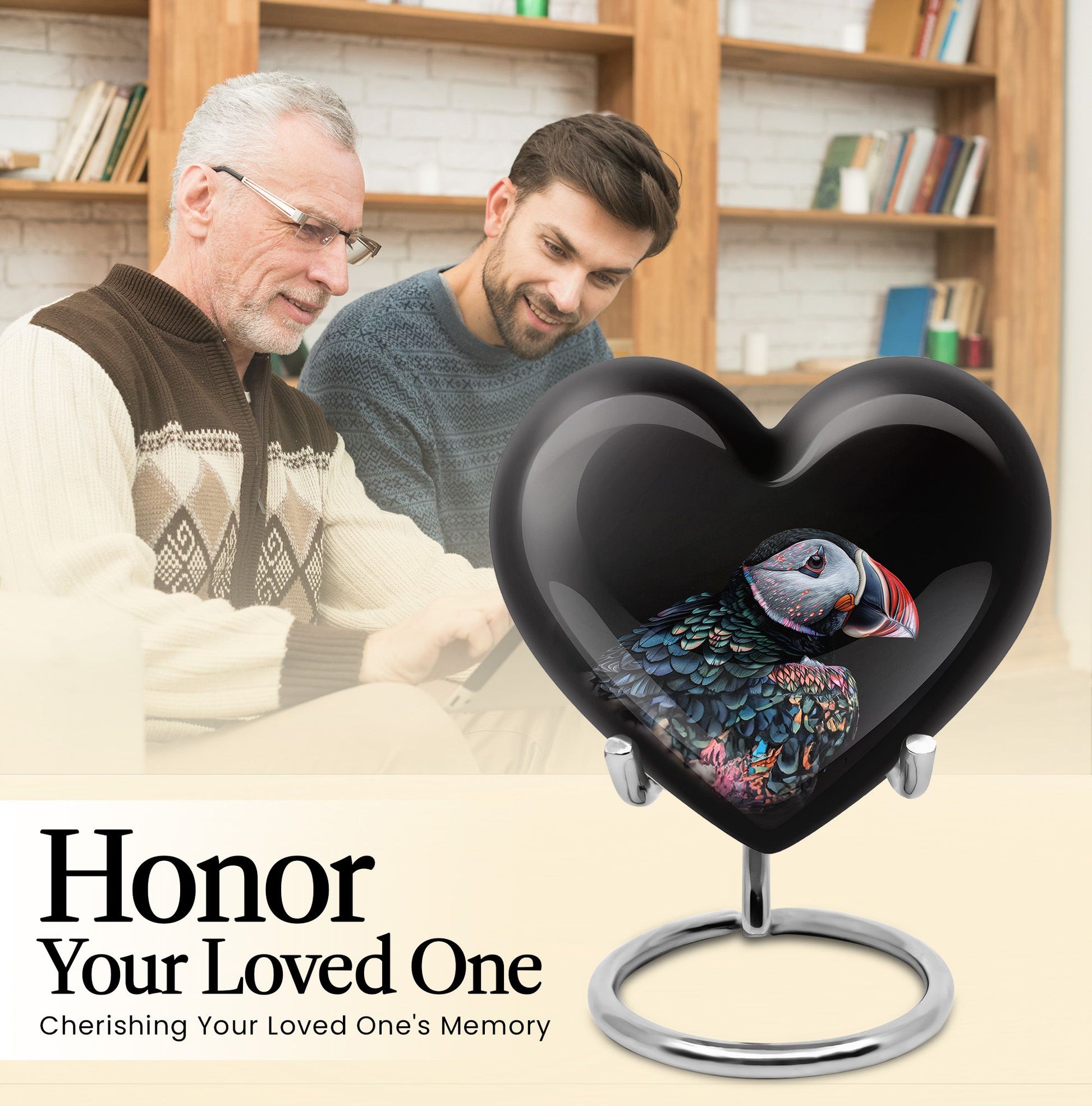 Heart Urn for mom with Puffin Bird design