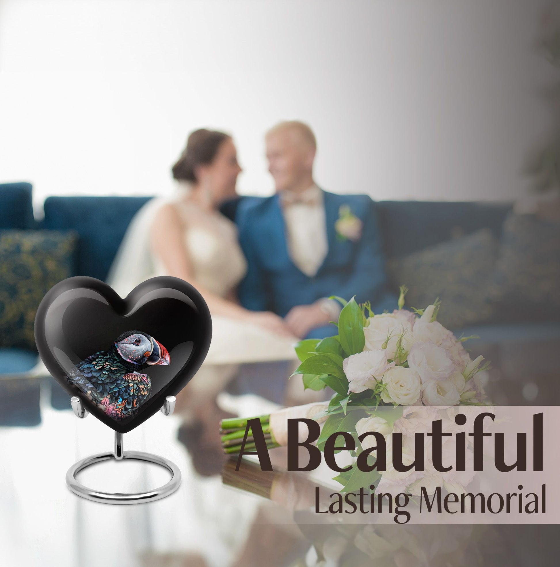 Heart Urn for mom with Puffin Bird design