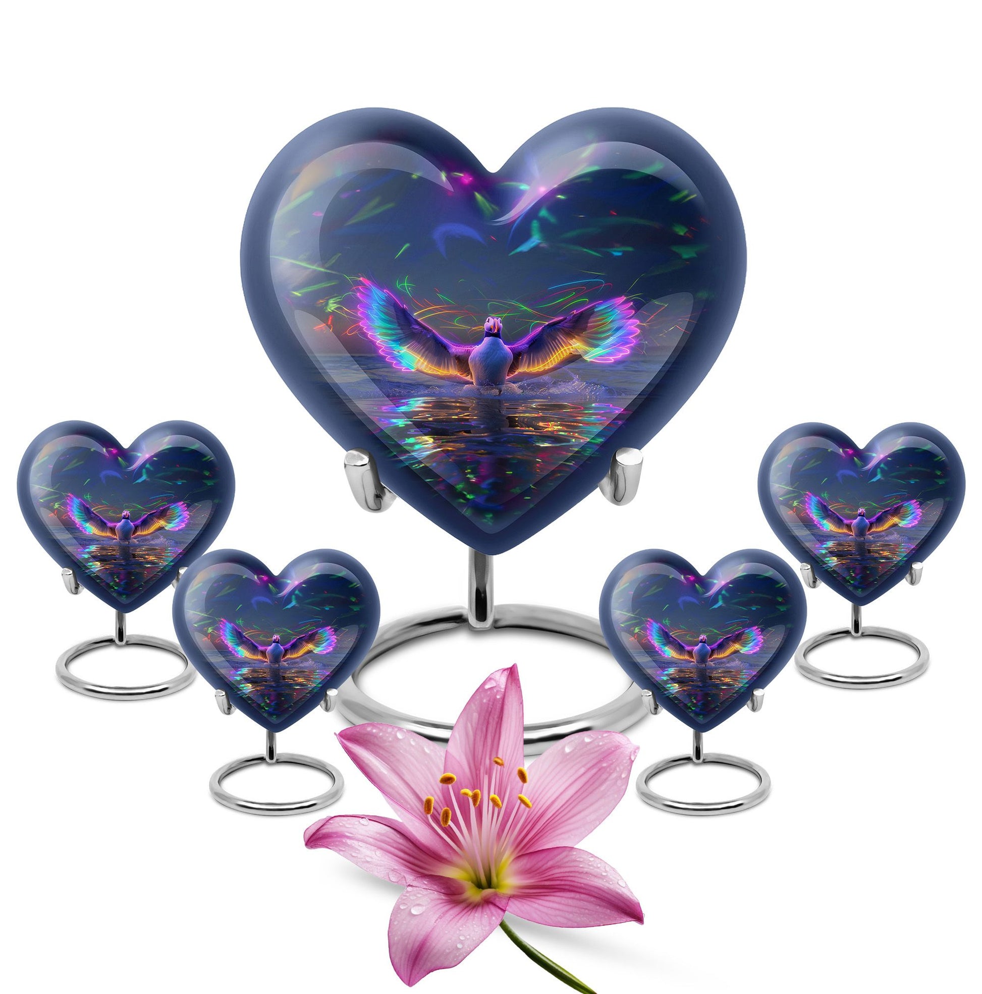 heart urn with puffin bird theme