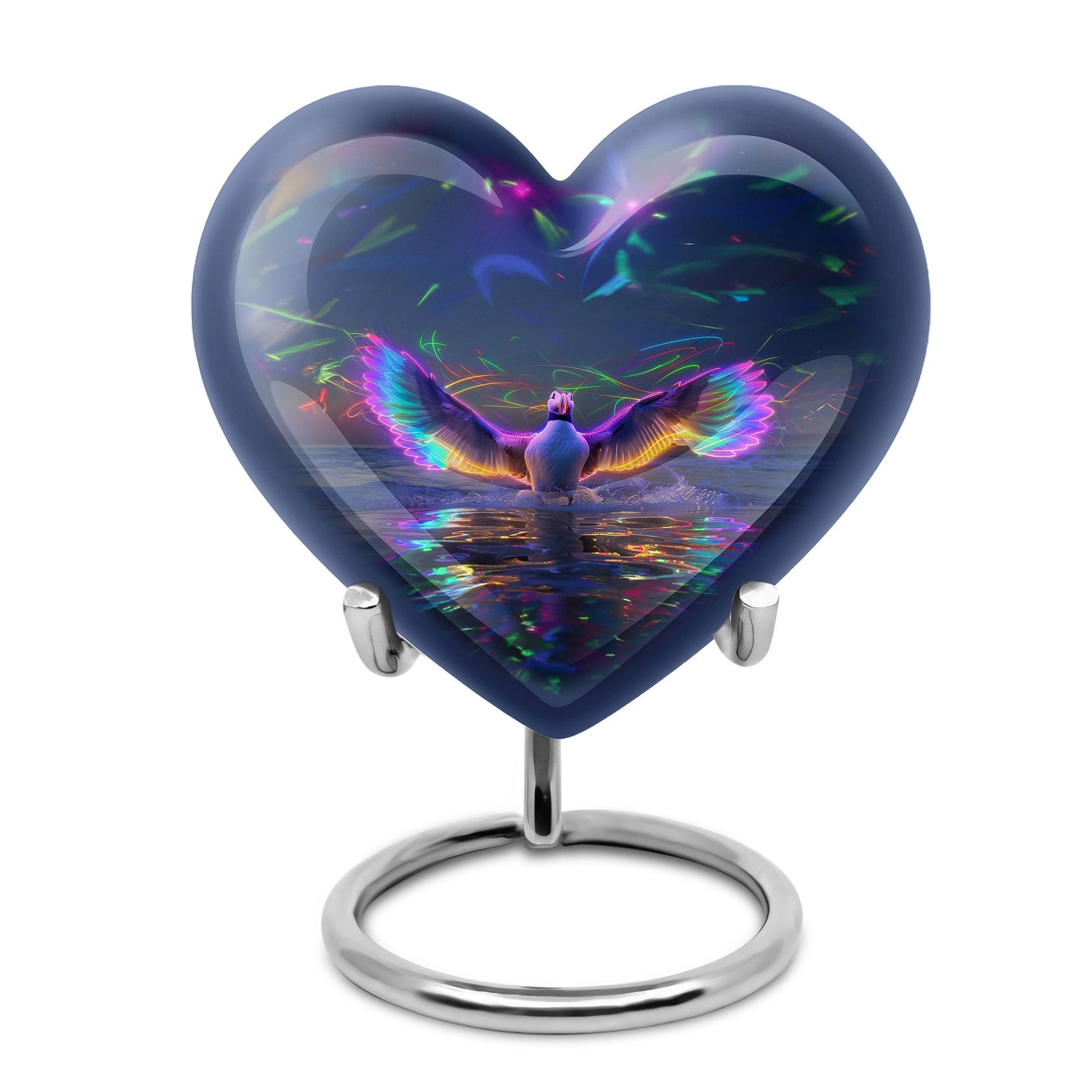 heart urn with puffin bird theme