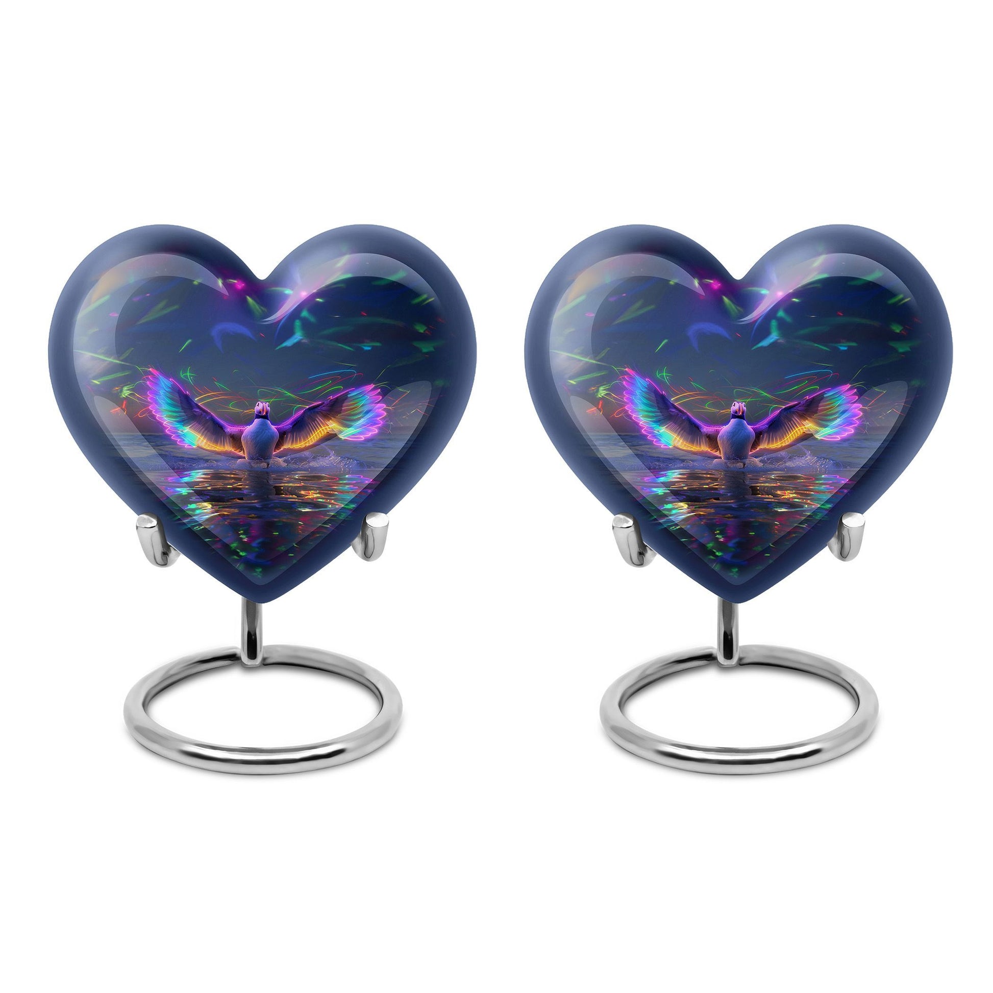 heart urn with puffin bird theme