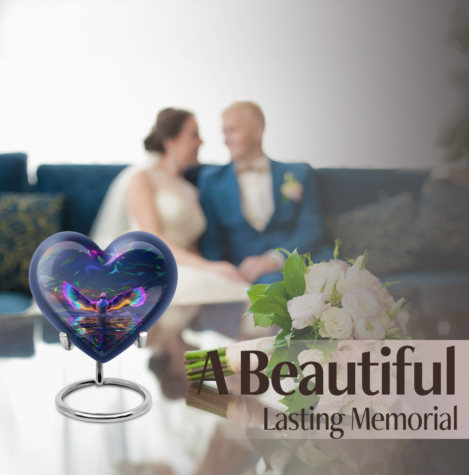 heart urn with puffin bird theme