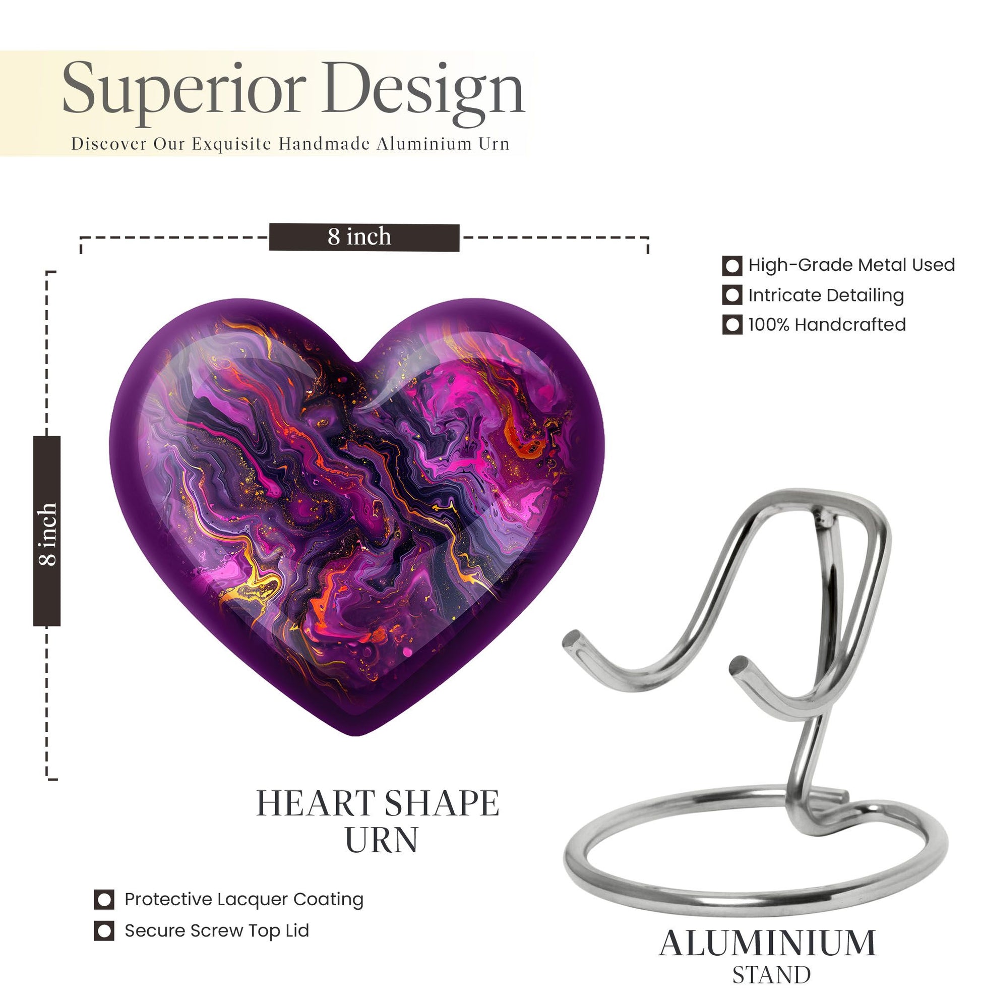 10-inch heart-shaped abstract urn made of aluminium