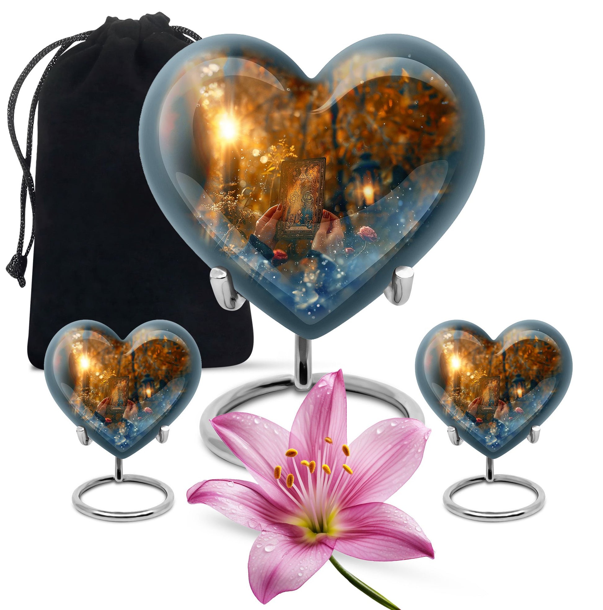 10-inch Tarot Urn, heart-shaped burial funeral urn for adult ashes, includes velvet pouch