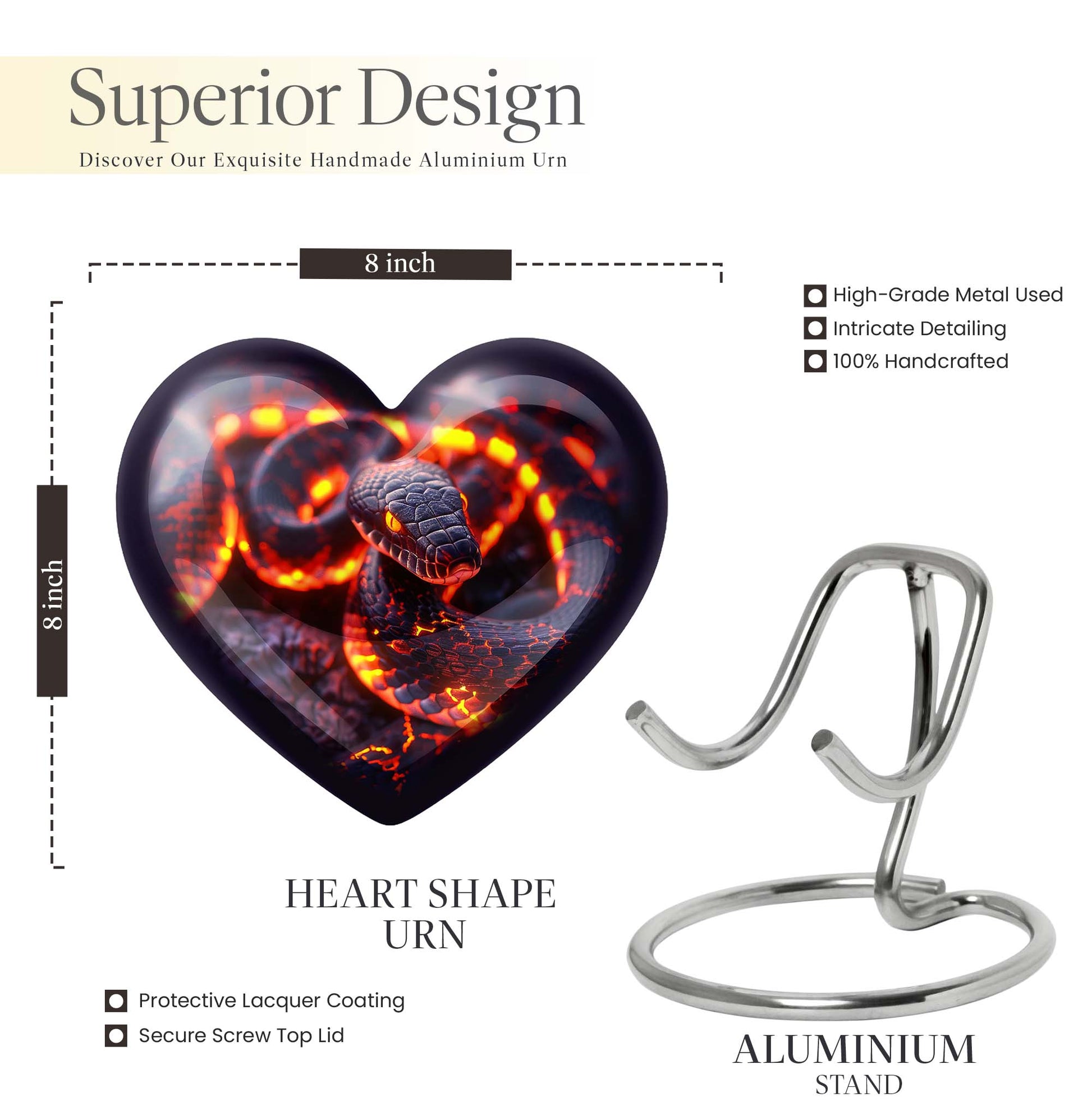 10-inch heart-shaped snake urn for adult ashes,