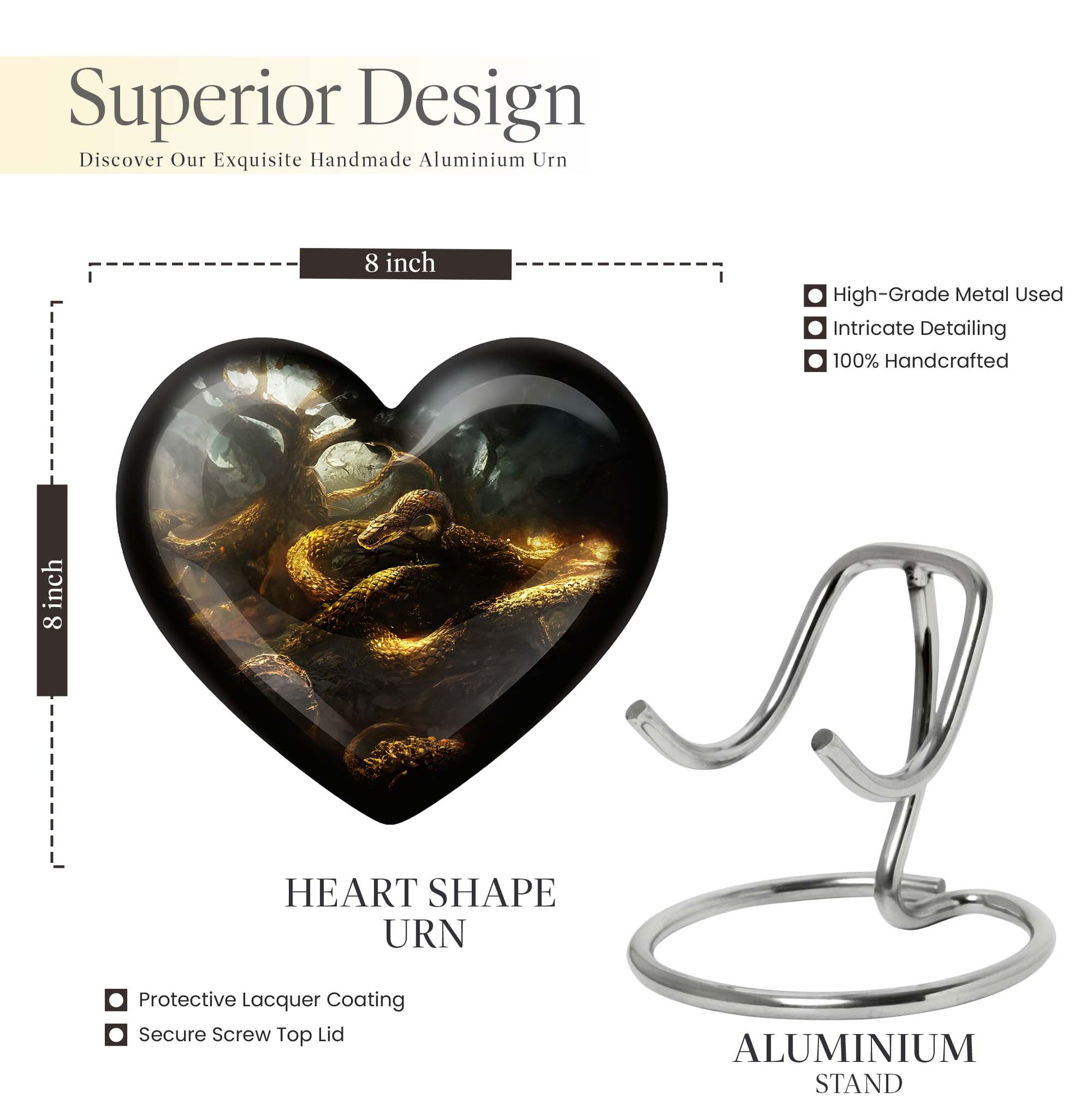 10-inch snake urn, heart-shaped memorial burial cremation urn with velvet pouch