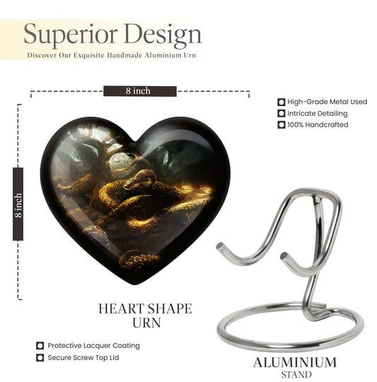 10-inch snake urn, heart-shaped memorial burial cremation urn with velvet pouch