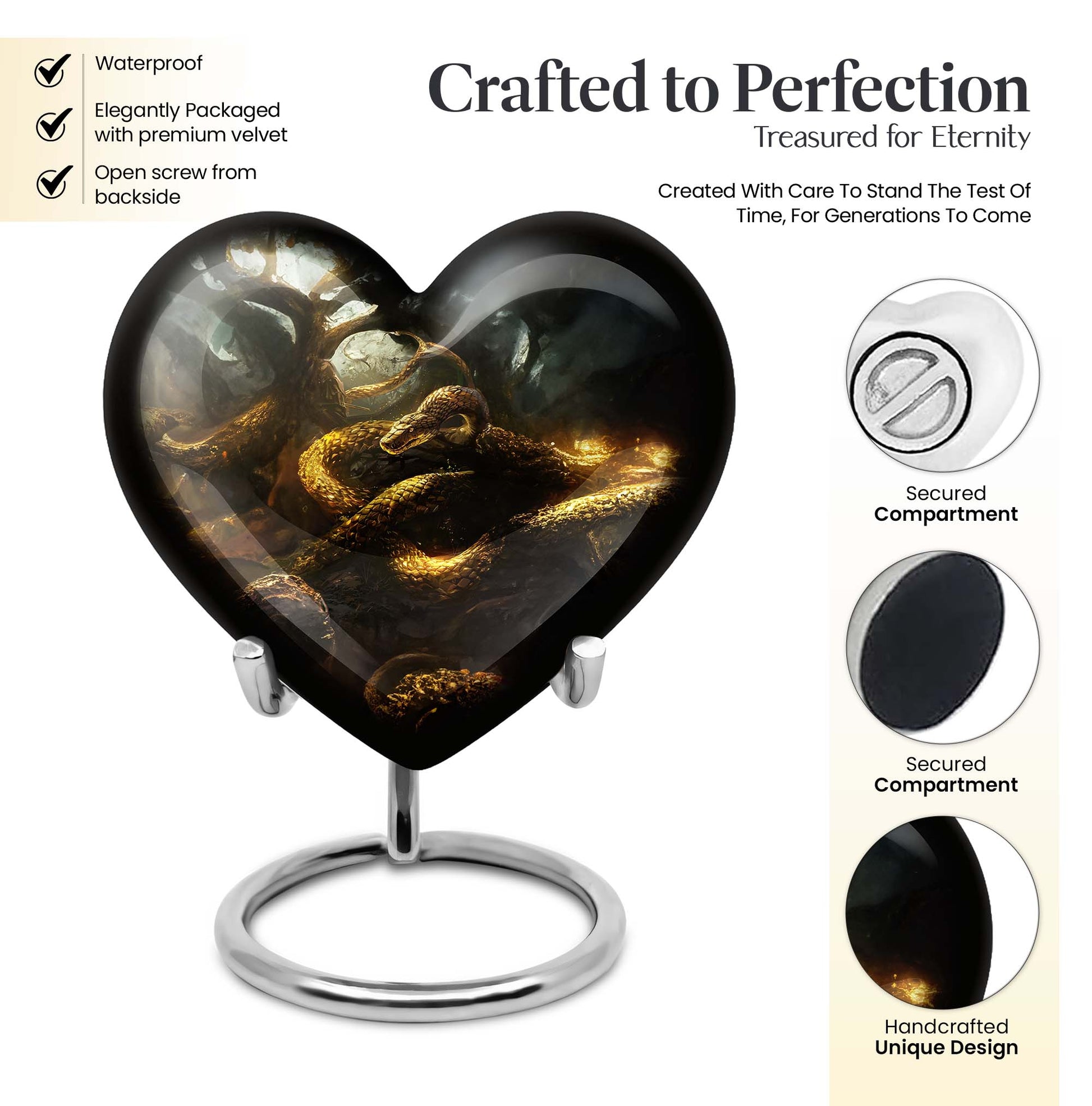 10-inch snake urn, heart-shaped memorial burial cremation urn with velvet pouch