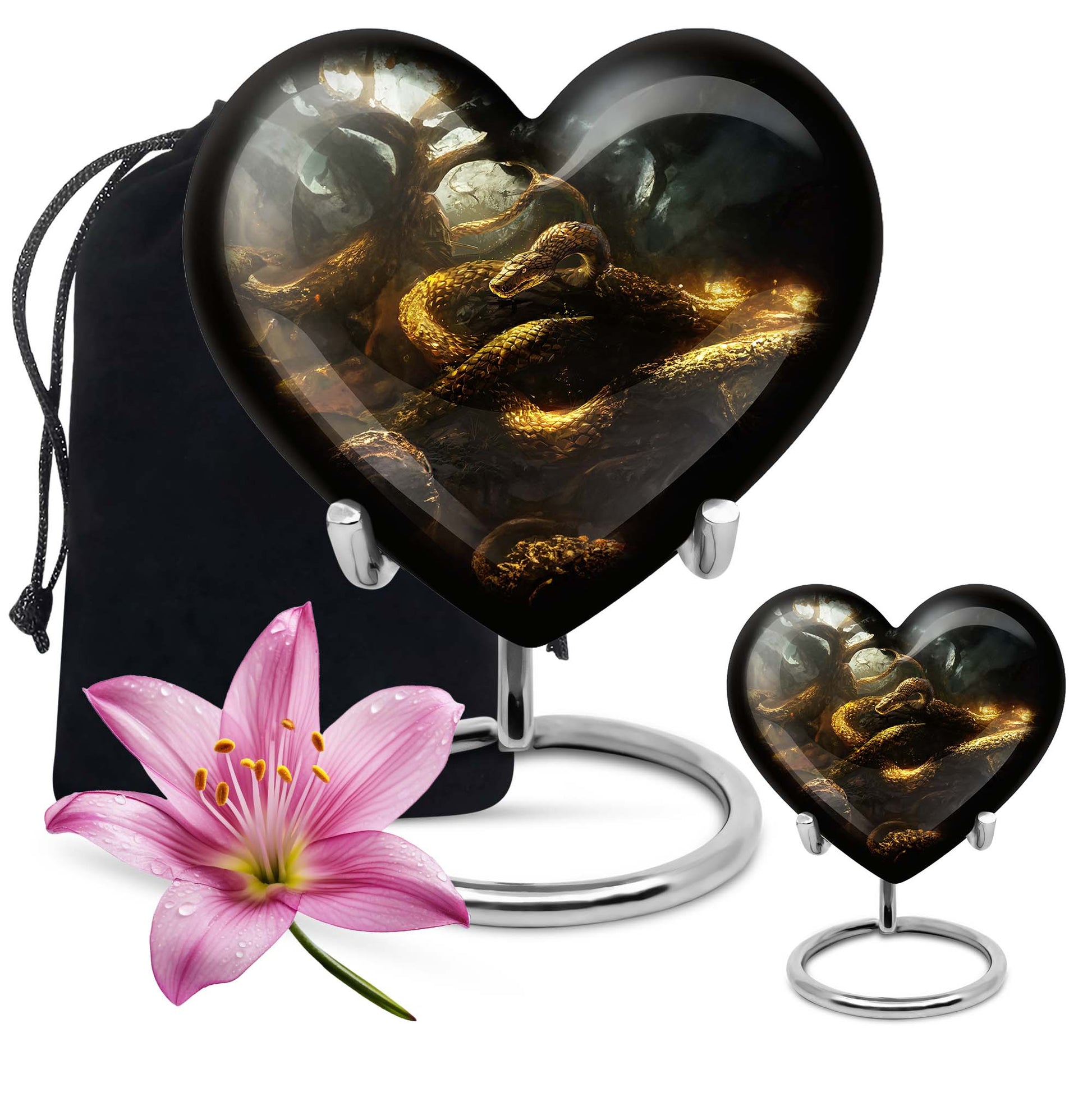 10-inch snake urn, heart-shaped memorial burial cremation urn with velvet pouch